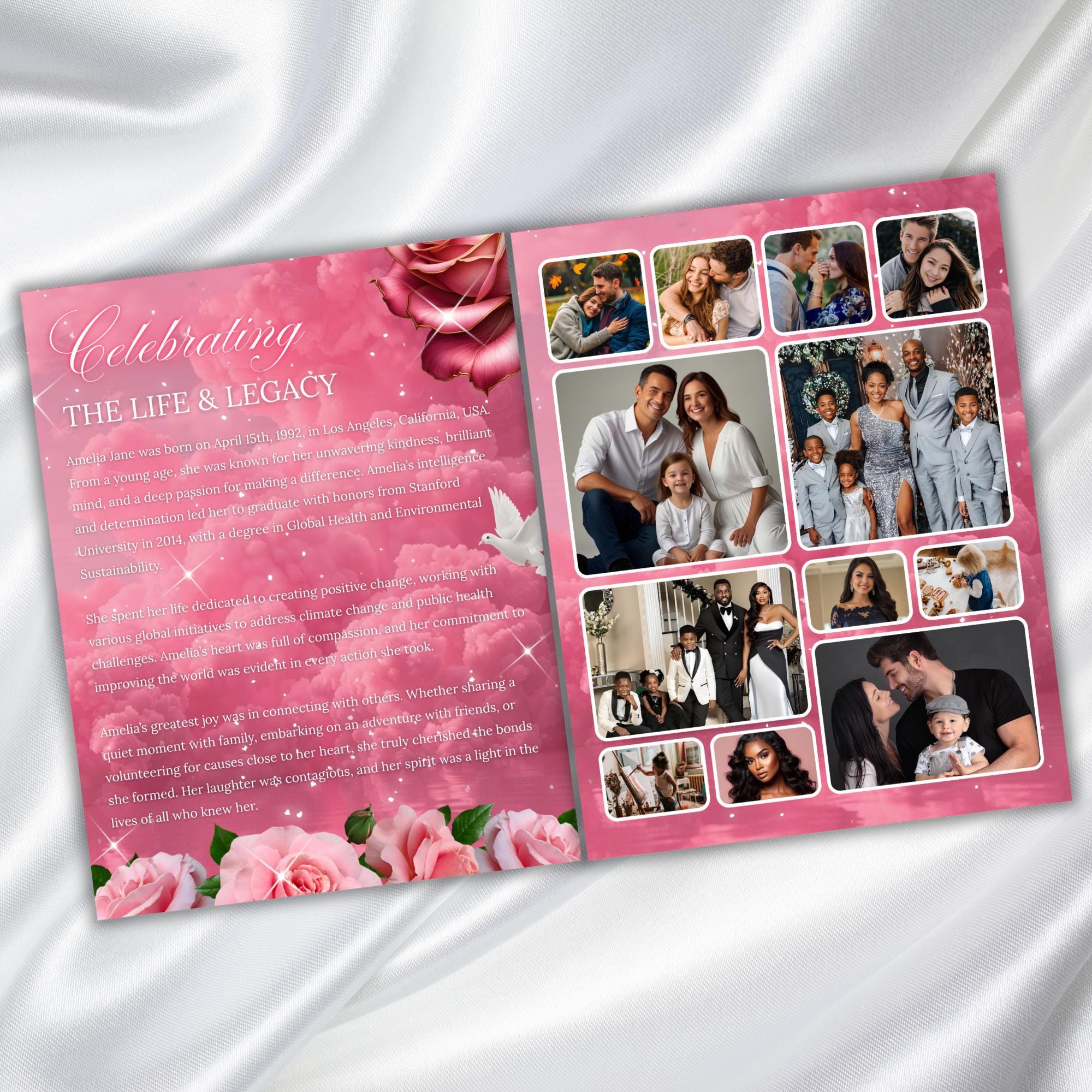 08 Pages Pink Roses Funeral Program Template, Bi-Fold Funeral Program, In Loving Memory, Obituary Celebration Of Life Program - Editable Memorial Canva Template