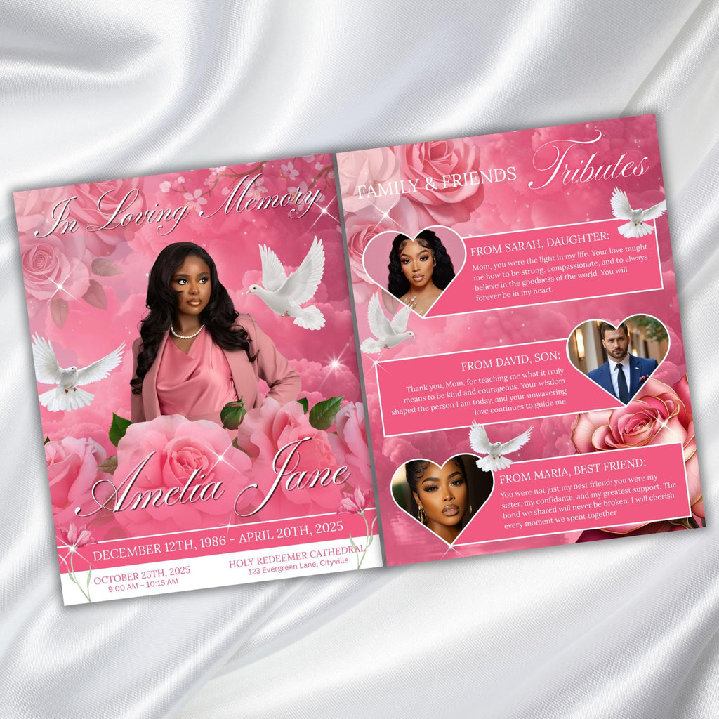 08 Pages Pink Roses Funeral Program Template, Bi-Fold Funeral Program, In Loving Memory, Obituary Celebration Of Life Program - Editable Memorial Canva Template