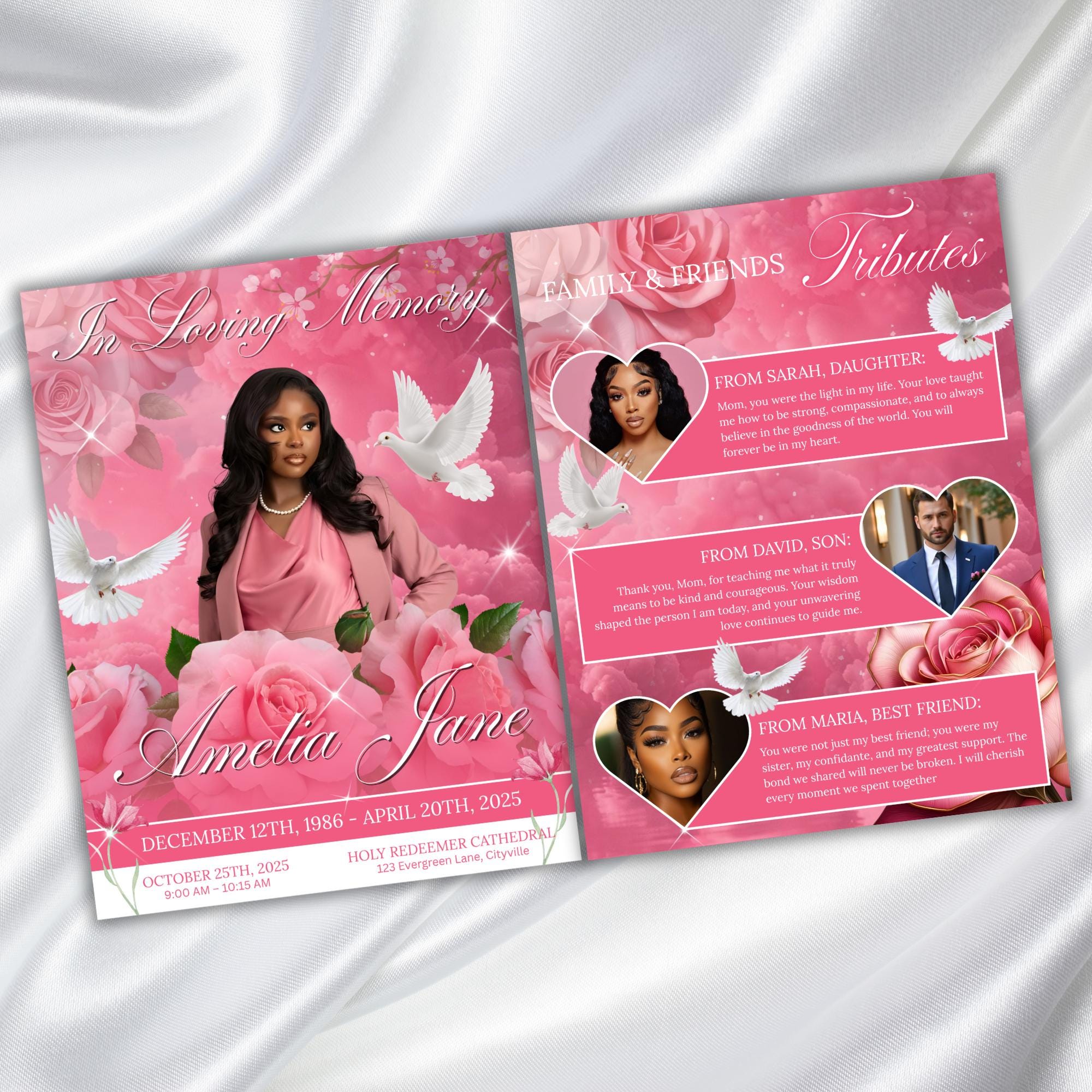 08 Pages Pink Roses Funeral Program Template, Bi-Fold Funeral Program, In Loving Memory, Obituary Celebration Of Life Program - Editable Memorial Canva Template