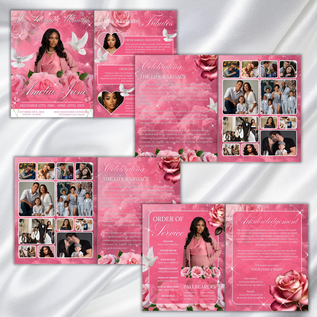 08 Pages Pink Roses Funeral Program Template, Bi-Fold Funeral Program, In Loving Memory, Obituary Celebration Of Life Program - Editable Memorial Canva Template