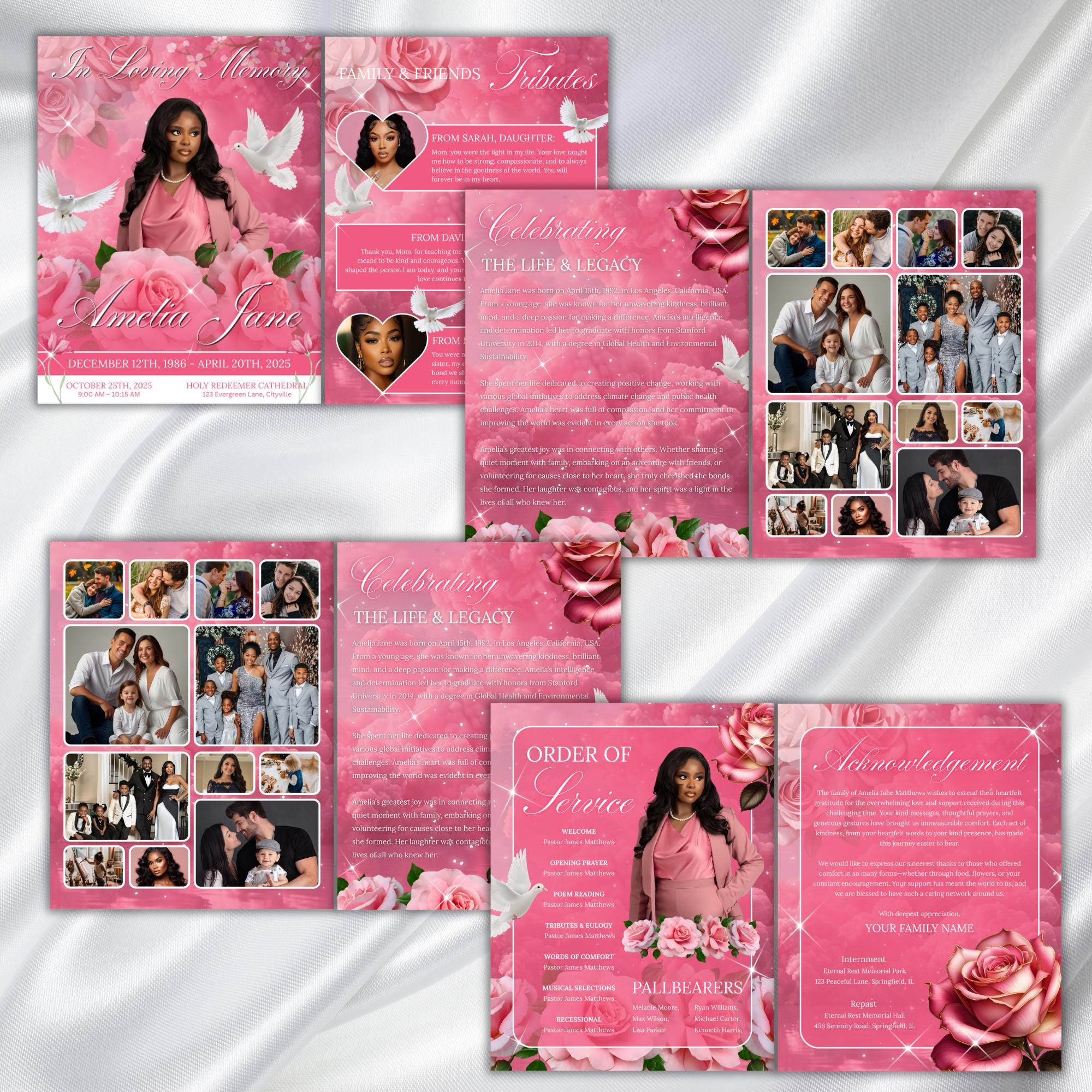 08 Pages Pink Roses Funeral Program Template, Bi-Fold Funeral Program, In Loving Memory, Obituary Celebration Of Life Program - Editable Memorial Canva Template