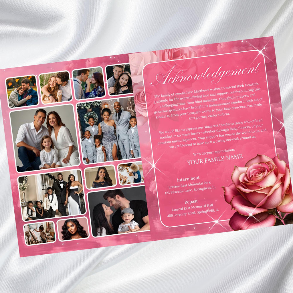08 Pages Pink Roses Funeral Program Template, Bi-Fold Funeral Program, In Loving Memory, Obituary Celebration Of Life Program - Editable Memorial Canva Template