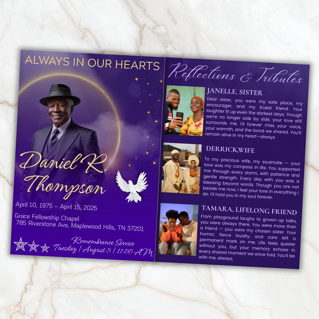 08 Pages Purple Funeral Program Template, Bi-Fold Funeral Program, Obituary Celebration Of Life Program, Digital Download - Editable Memorial Canva Template