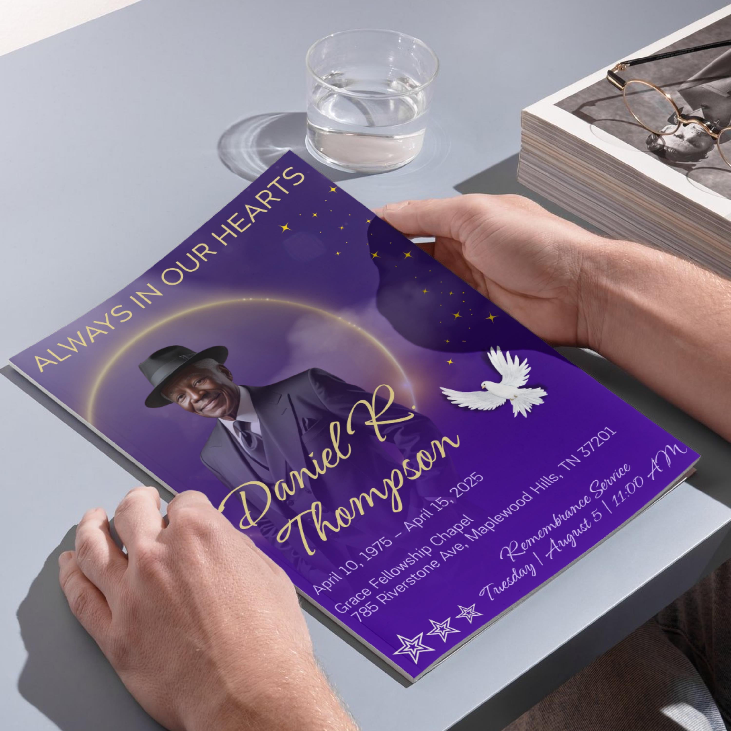 08 Pages Purple Funeral Program Template, Bi-Fold Funeral Program, Obituary Celebration Of Life Program, Digital Download - Editable Memorial Canva Template