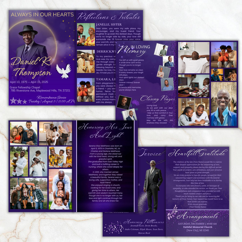 08 Pages Purple Funeral Program Template, Bi-Fold Funeral Program, Obituary Celebration Of Life Program, Digital Download - Editable Memorial Canva Template