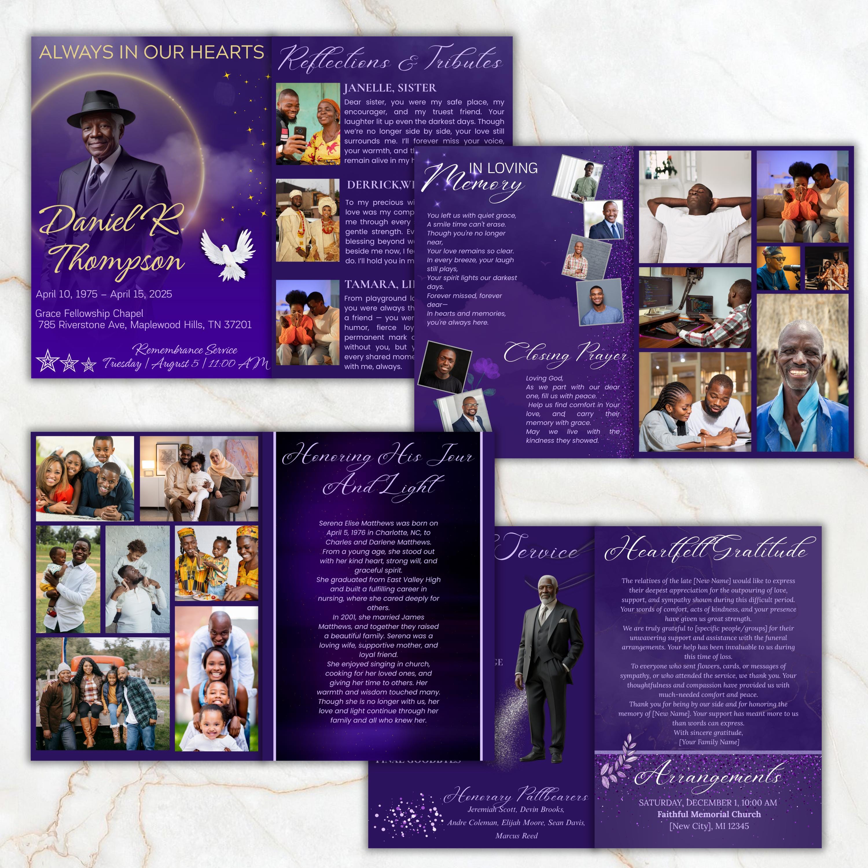 08 Pages Purple Funeral Program Template, Bi-Fold Funeral Program, Obituary Celebration Of Life Program, Digital Download - Editable Memorial Canva Template