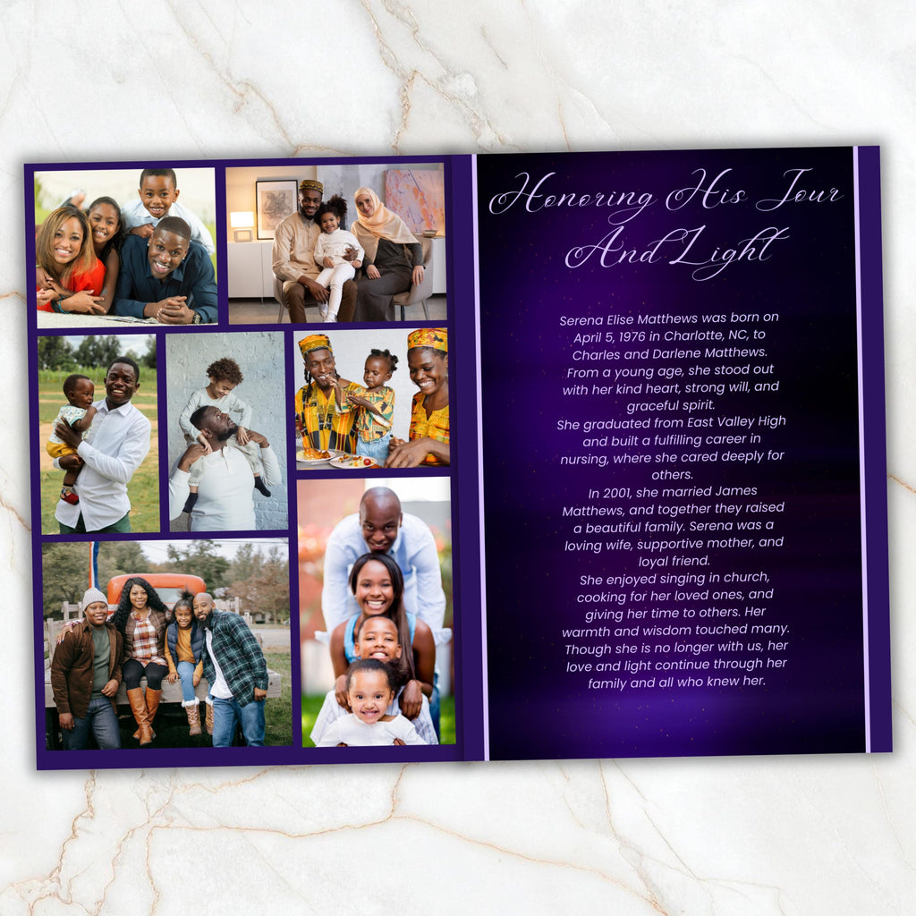 08 Pages Purple Funeral Program Template, Bi-Fold Funeral Program, Obituary Celebration Of Life Program, Digital Download - Editable Memorial Canva Template