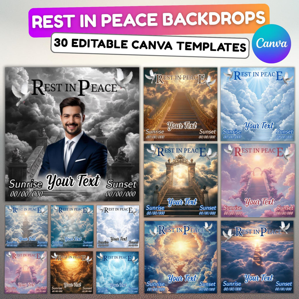 30 Rest In Peace Memorial Editable Templates, In Loving Memory Canva Templates , Funeral & Celebration of Life, Memorial Funeral Templates - Editable Memorial Canva Template