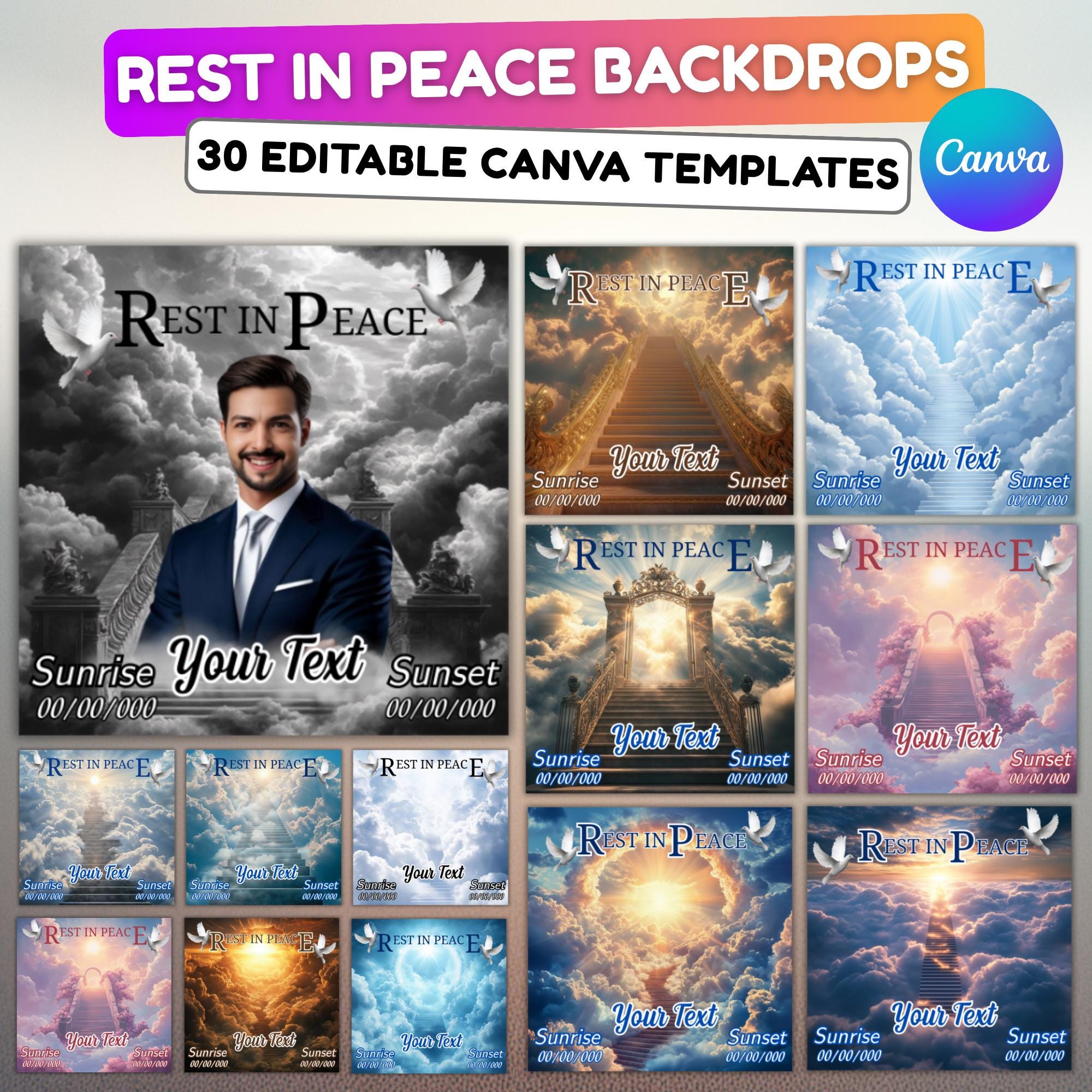 30 Rest In Peace Memorial Editable Templates, In Loving Memory Canva Templates , Funeral & Celebration of Life, Memorial Funeral Templates - Editable Memorial Canva Template