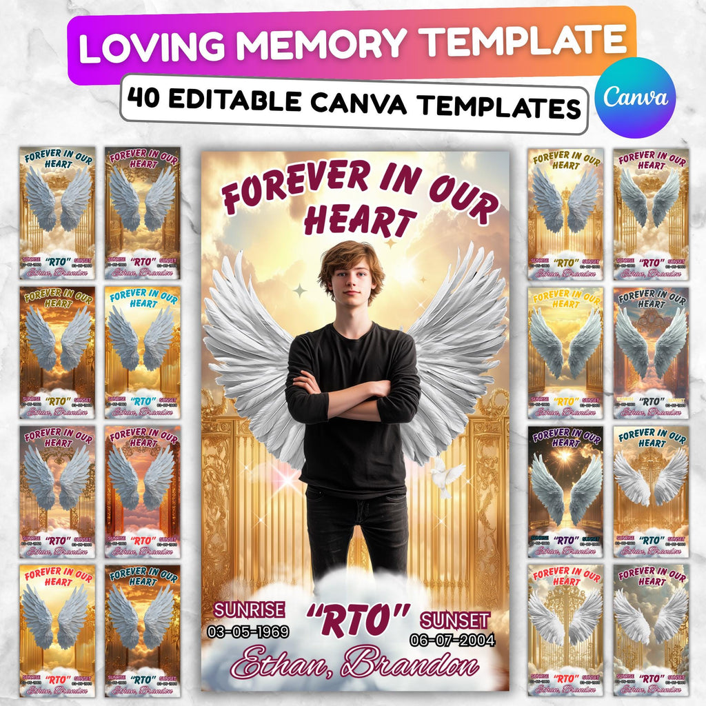 40 In Loving Memory Canva Editable Templates, Memorial Canva Editable Templates, Rest In Peace, Forever In Our Heart Canva Templates - Editable Memorial Canva Template