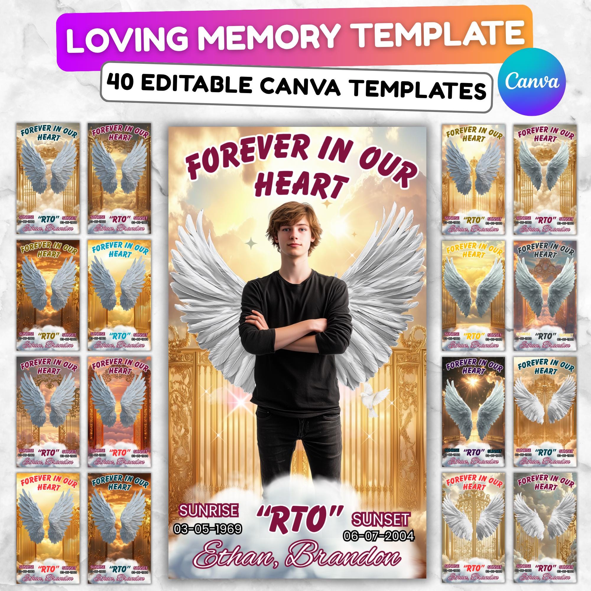 40 In Loving Memory Canva Editable Templates, Memorial Canva Editable Templates, Rest In Peace, Forever In Our Heart Canva Templates - Editable Memorial Canva Template