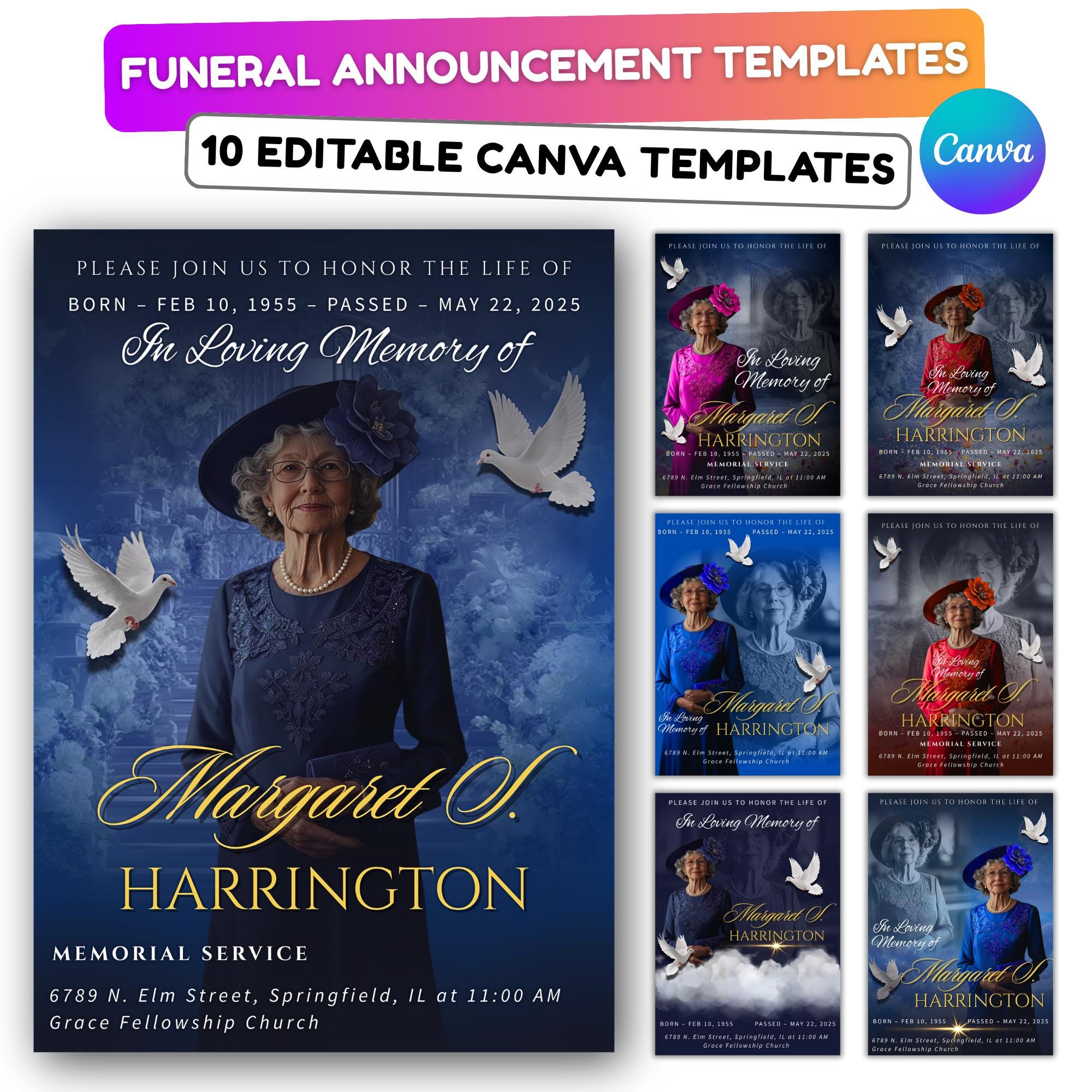 Memorial Funeral Announcement Flyer Canva Template, In Loving Memory Template, Funeral Memorial Template, Rest In Piece Template - Editable Memorial Canva Template
