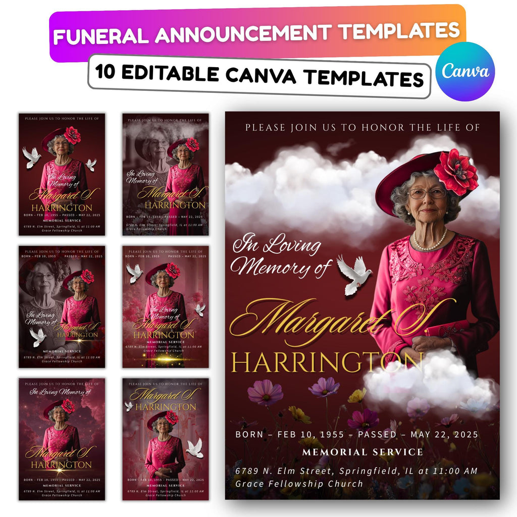 Memorial Red Funeral Announcement Flyer Canva Template, In Loving Memory Template, Funeral Memorial Template, Rest In Piece Template - Editable Memorial Canva Template