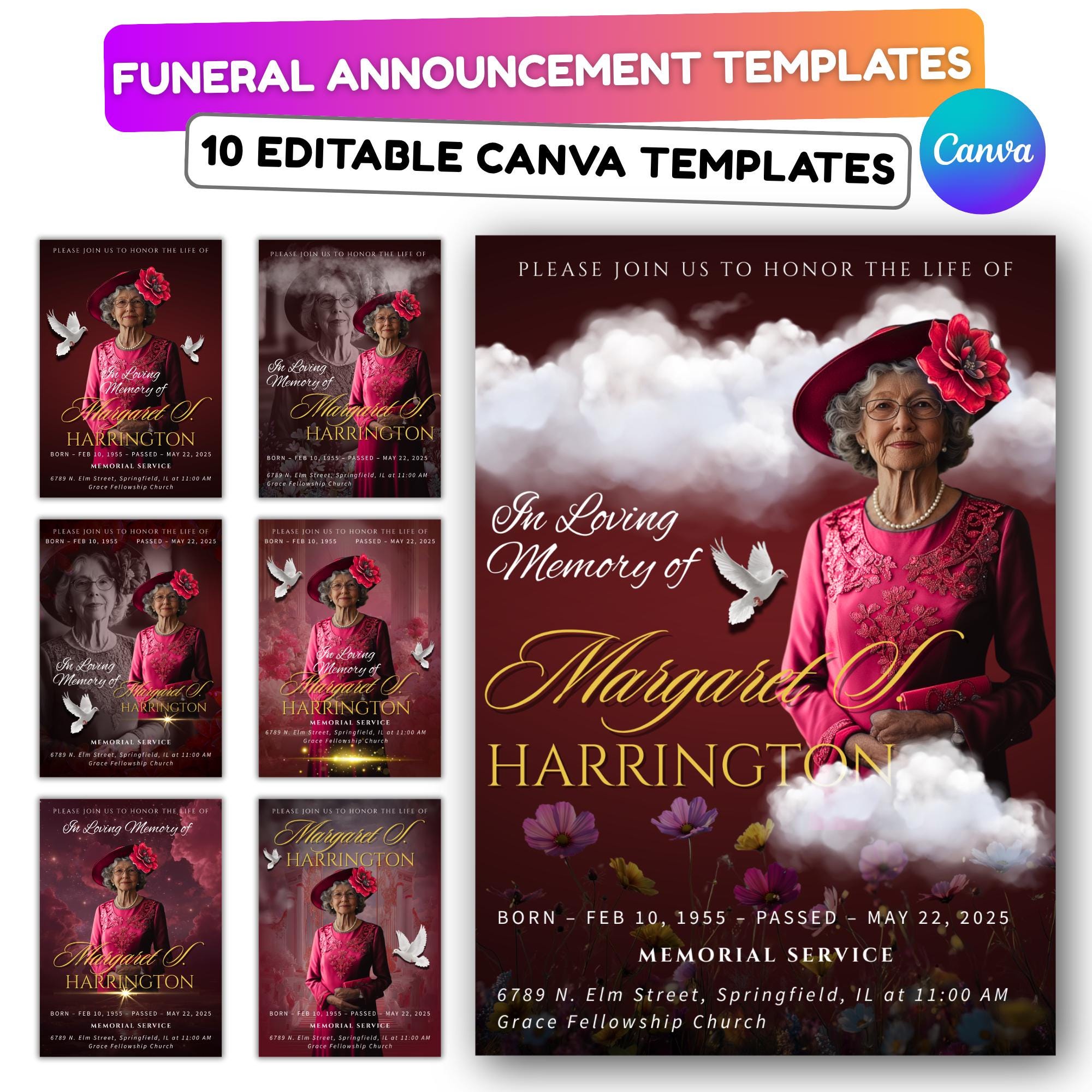 Memorial Red Funeral Announcement Flyer Canva Template, In Loving Memory Template, Funeral Memorial Template, Rest In Piece Template - Editable Memorial Canva Template