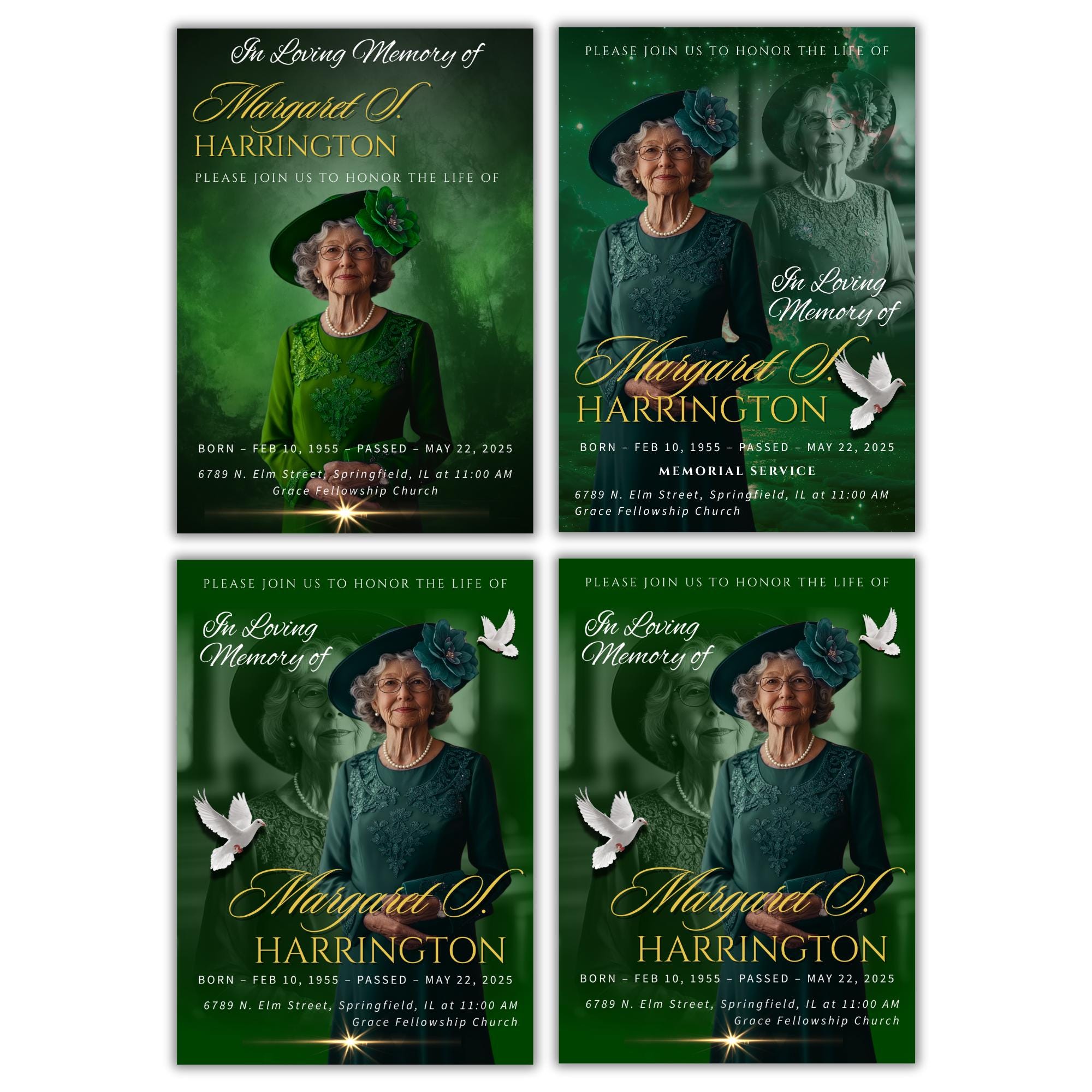 Memorial Green Funeral Announcement Flyer Canva Template, In Loving Memory Template, Funeral Memorial Template, Rest In Piece Template - Editable Memorial Canva Template