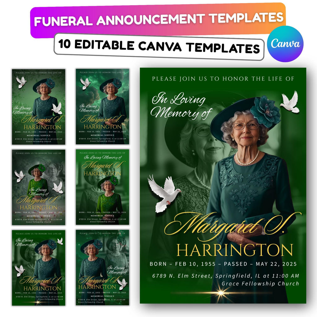 Memorial Green Funeral Announcement Flyer Canva Template, In Loving Memory Template, Funeral Memorial Template, Rest In Piece Template - Editable Memorial Canva Template