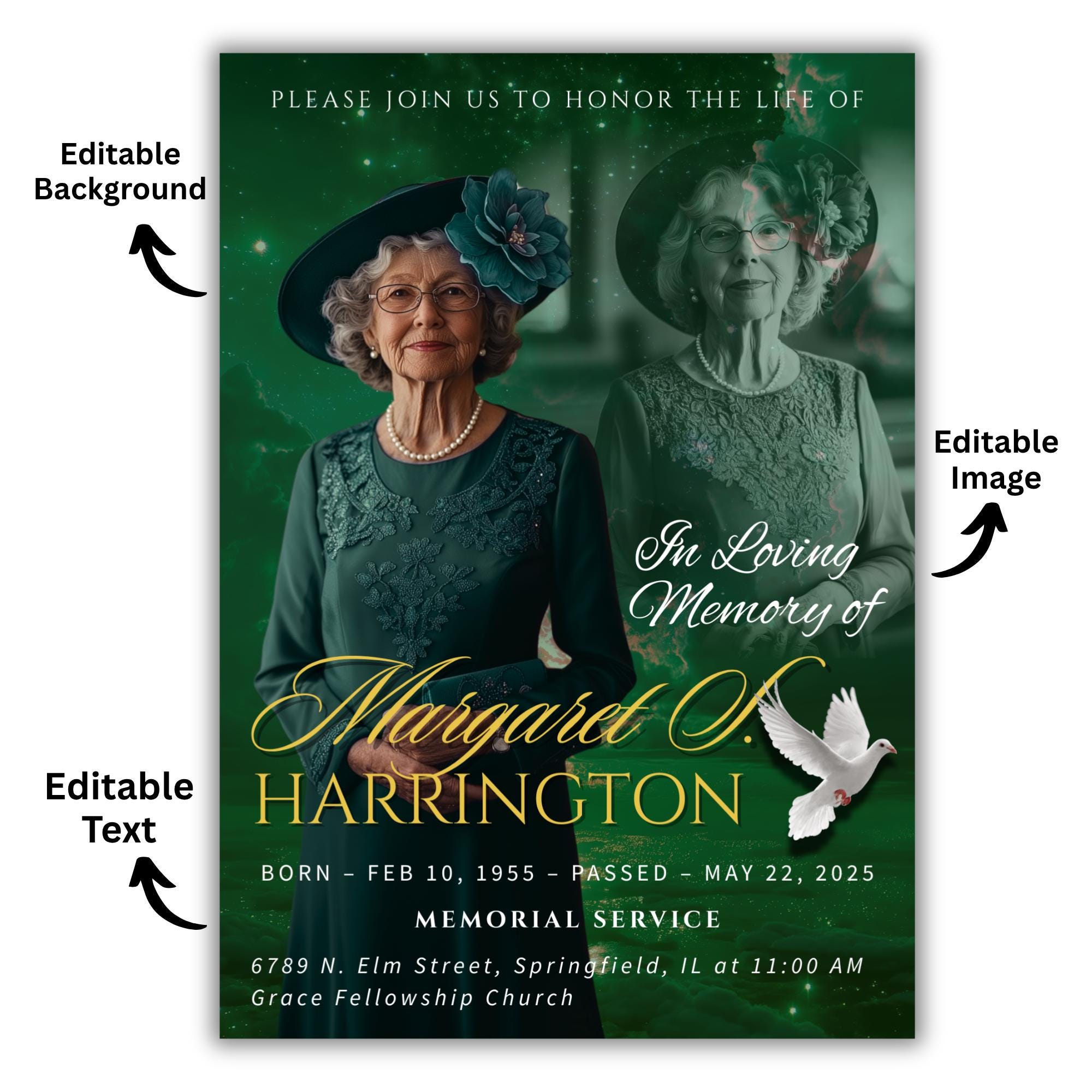 Memorial Green Funeral Announcement Flyer Canva Template, In Loving Memory Template, Funeral Memorial Template, Rest In Piece Template - Editable Memorial Canva Template