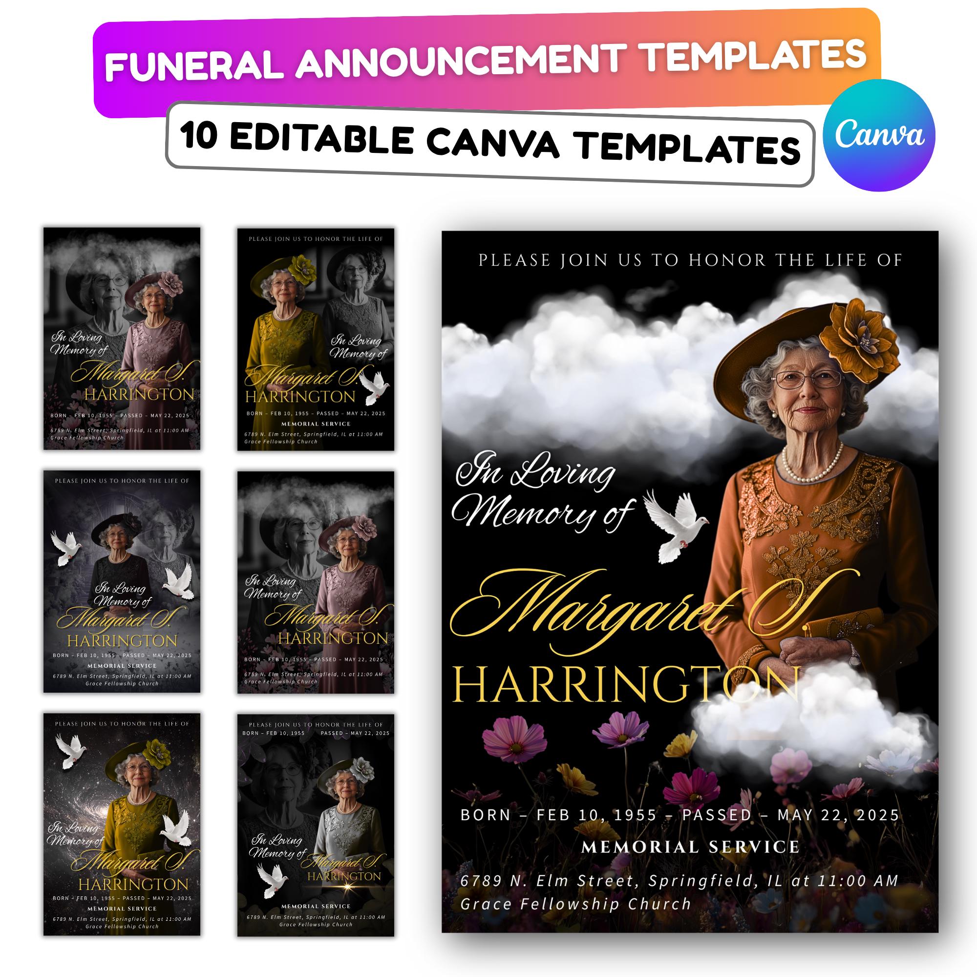 Memorial Black & Gold Funeral Announcement Flyer Canva Template, In Loving Memory Template, Funeral Memorial Template,Rest In Piece Template - Editable Memorial Canva Template