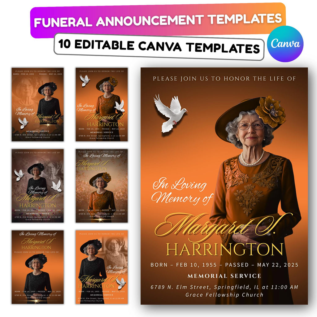 Memorial Golden Funeral Announcement Flyer Canva Template, In Loving Memory Template, Funeral Memorial Template, Rest In Piece Template - Editable Memorial Canva Template