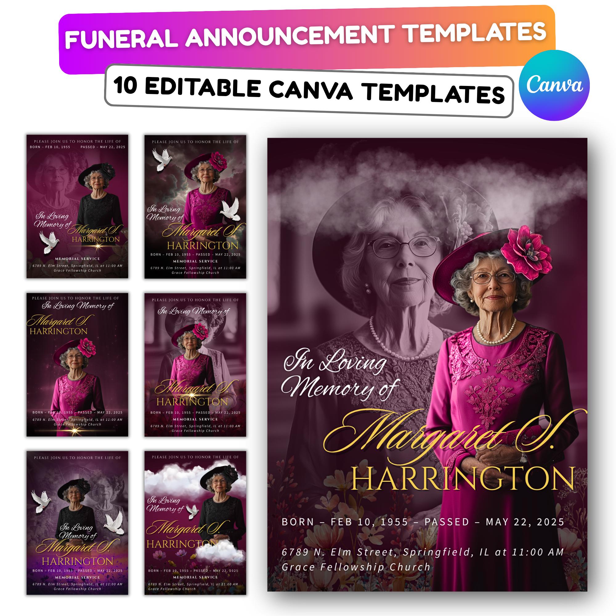 Memorial Purple Funeral Announcement Flyer Canva Template, In Loving Memory Template, Funeral Memorial Template, Rest In Piece Template - Editable Memorial Canva Template