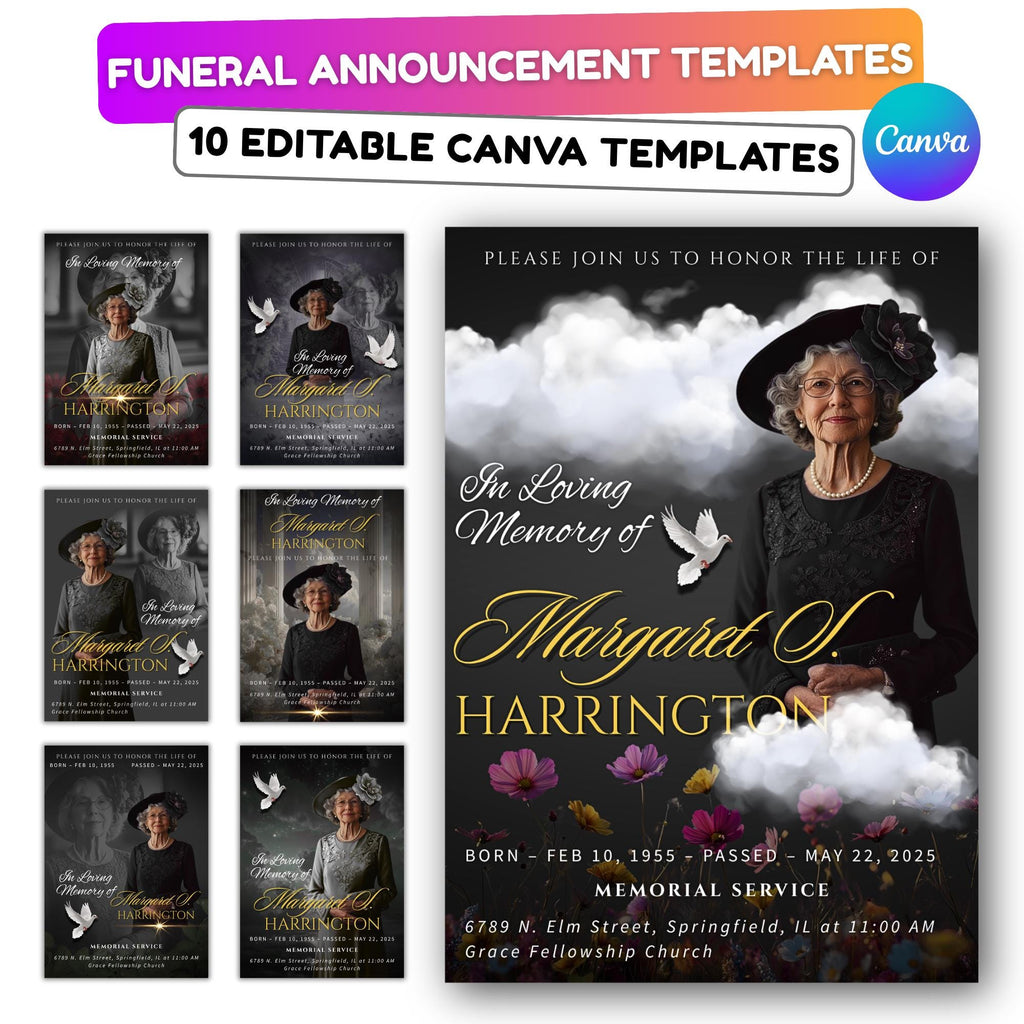 Memorial Black & Gold Funeral Announcement Flyer Canva Template, In Loving Memory Template, Funeral Memorial Template,Rest In Piece Template - Editable Memorial Canva Template
