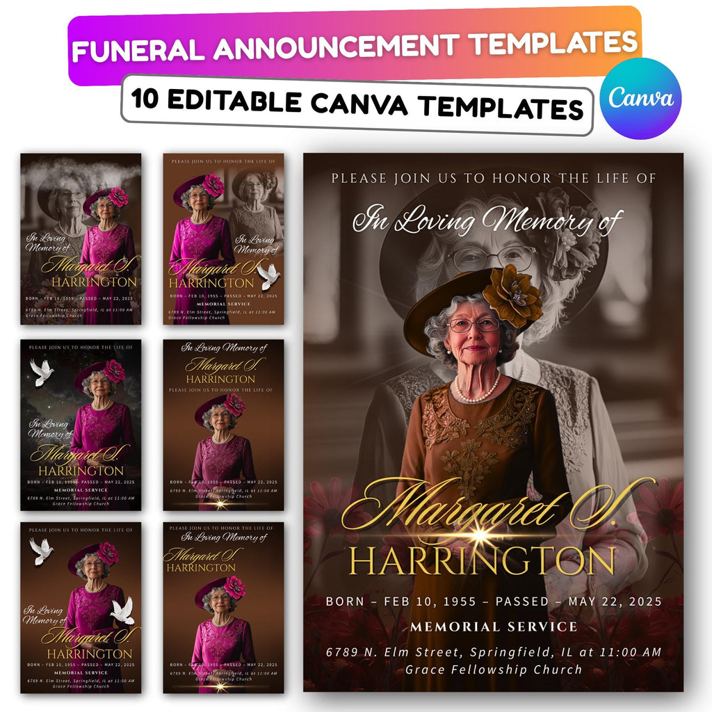 Memorial Funeral Announcement Flyer Canva Template, In Loving Memory Template, Funeral Memorial Template,Rest In Piece Template - Editable Memorial Canva Template