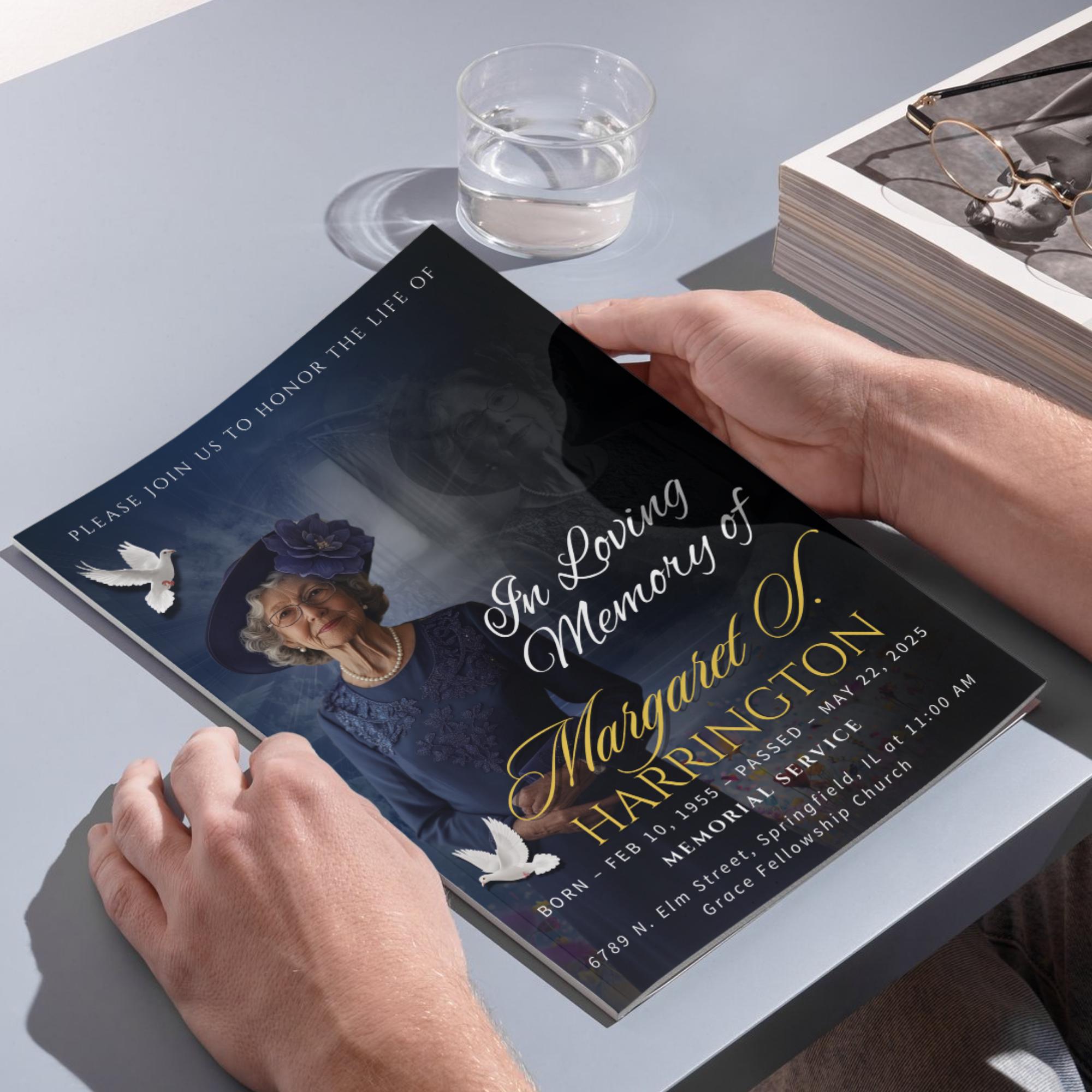 4 Pages Memorial Blue Funeral Announcement Flyer Canva Template, In Loving Memory Template, Funeral Memorial Template,Rest In Piece Template - Editable Memorial Canva Template