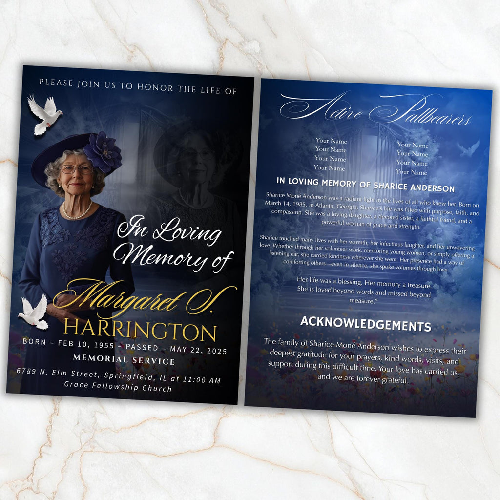 4 Pages Memorial Blue Funeral Announcement Flyer Canva Template, In Loving Memory Template, Funeral Memorial Template,Rest In Piece Template - Editable Memorial Canva Template