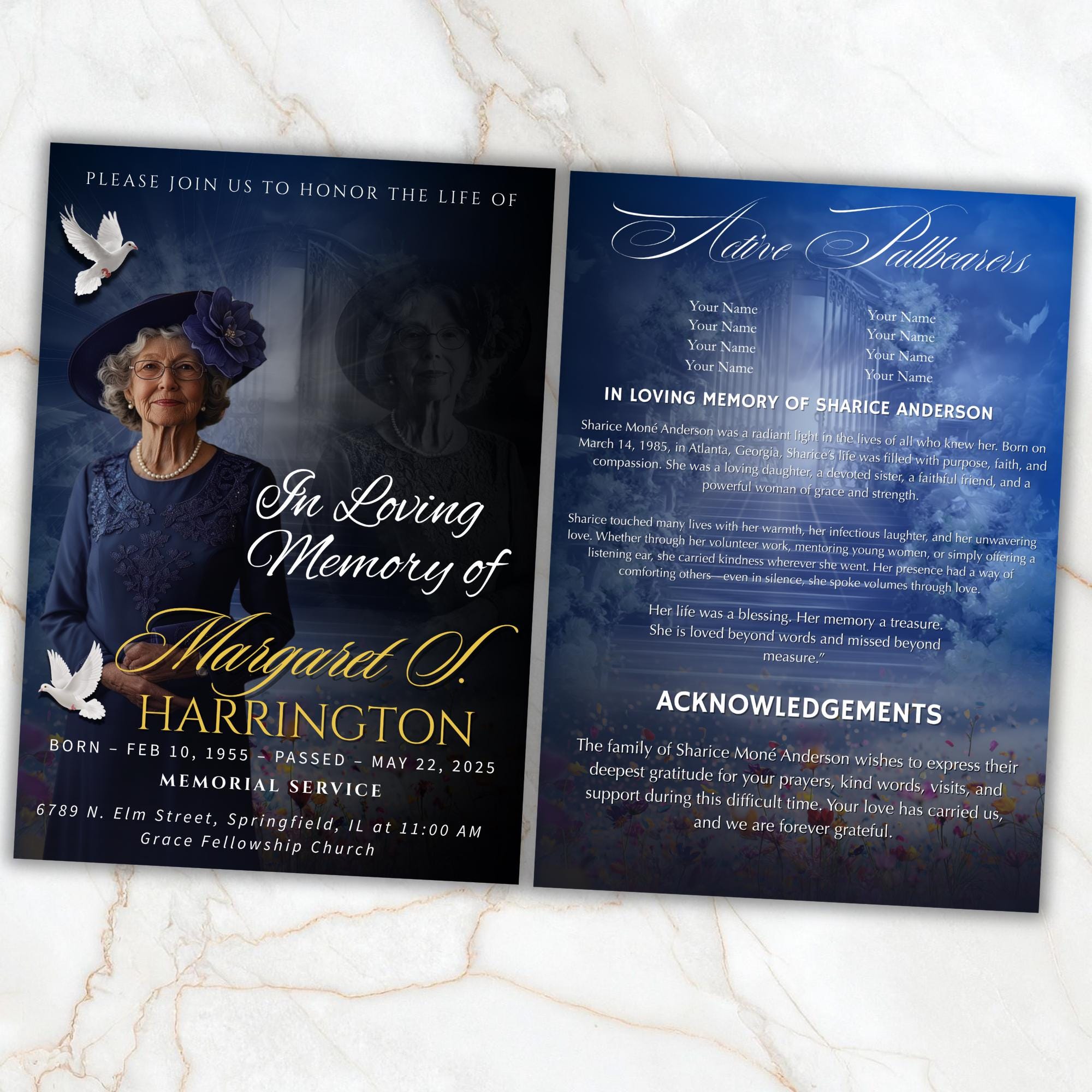 4 Pages Memorial Blue Funeral Announcement Flyer Canva Template, In Loving Memory Template, Funeral Memorial Template,Rest In Piece Template - Editable Memorial Canva Template