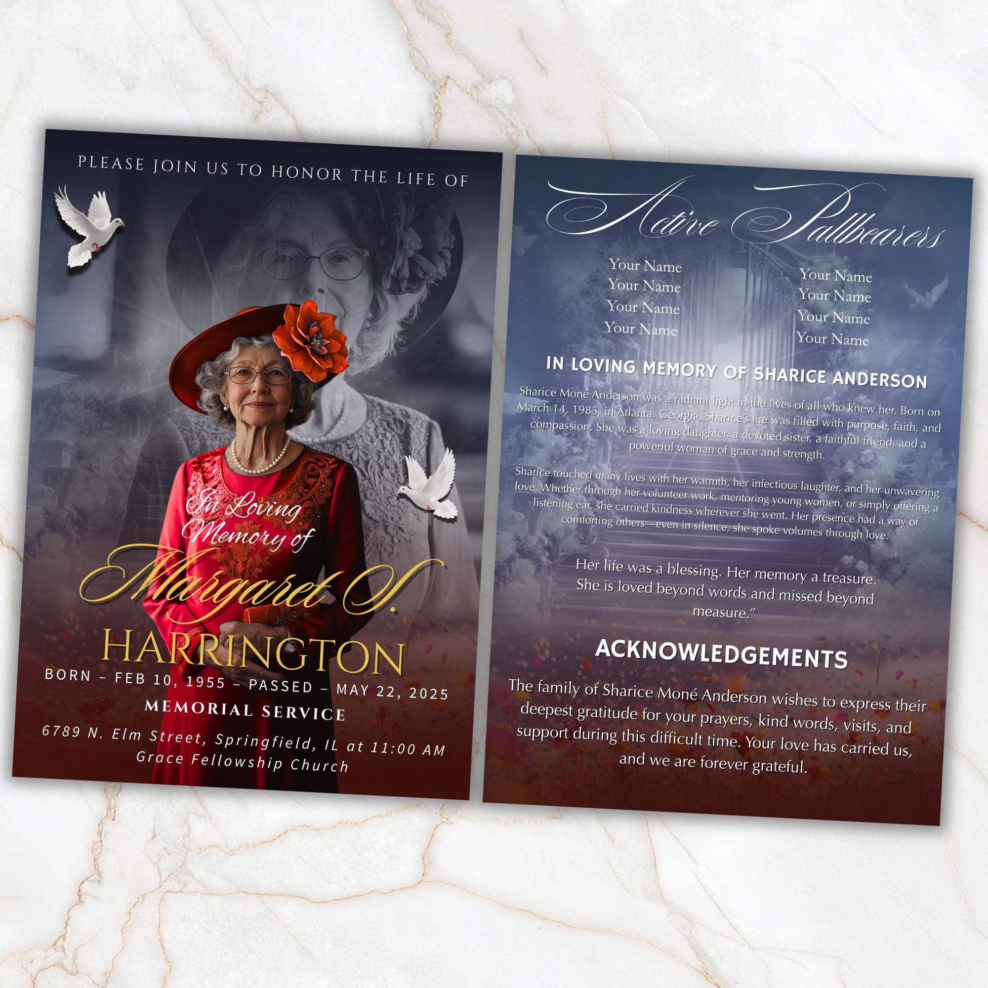 4 Pages Memorial Funeral Announcement Flyer Canva Template, In Loving Memory Template, Funeral Memorial Template, Rest In Piece Template - Editable Memorial Canva Template
