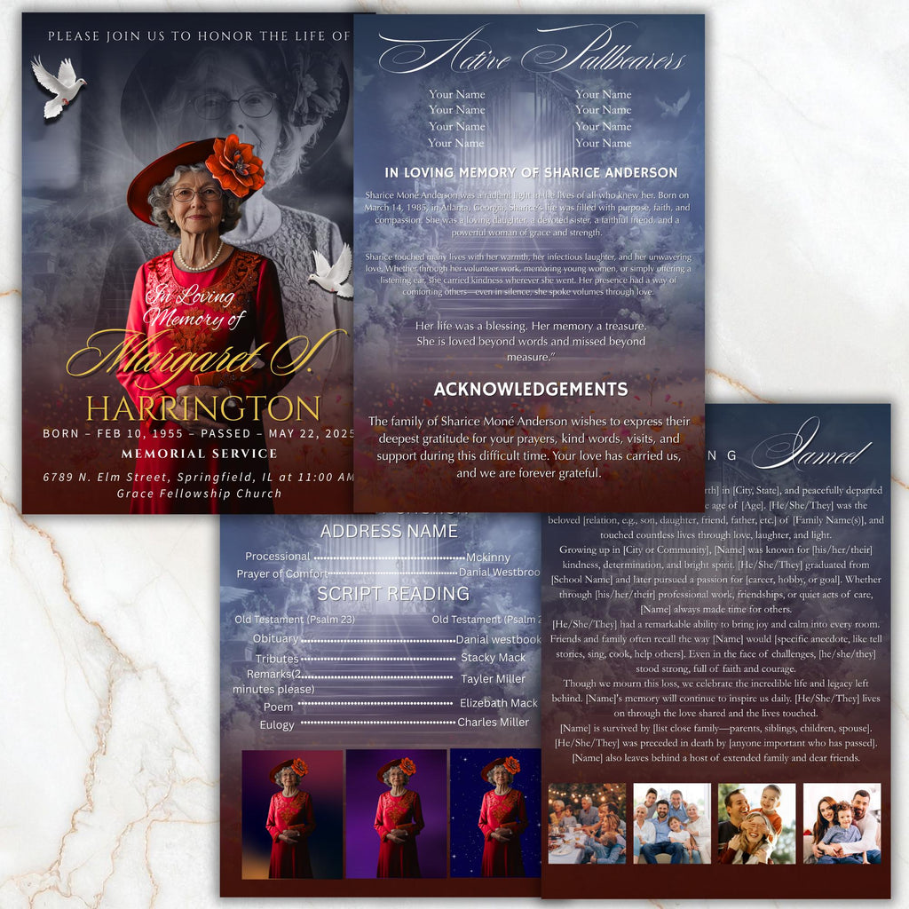 4 Pages Memorial Funeral Announcement Flyer Canva Template, In Loving Memory Template, Funeral Memorial Template, Rest In Piece Template - Editable Memorial Canva Template