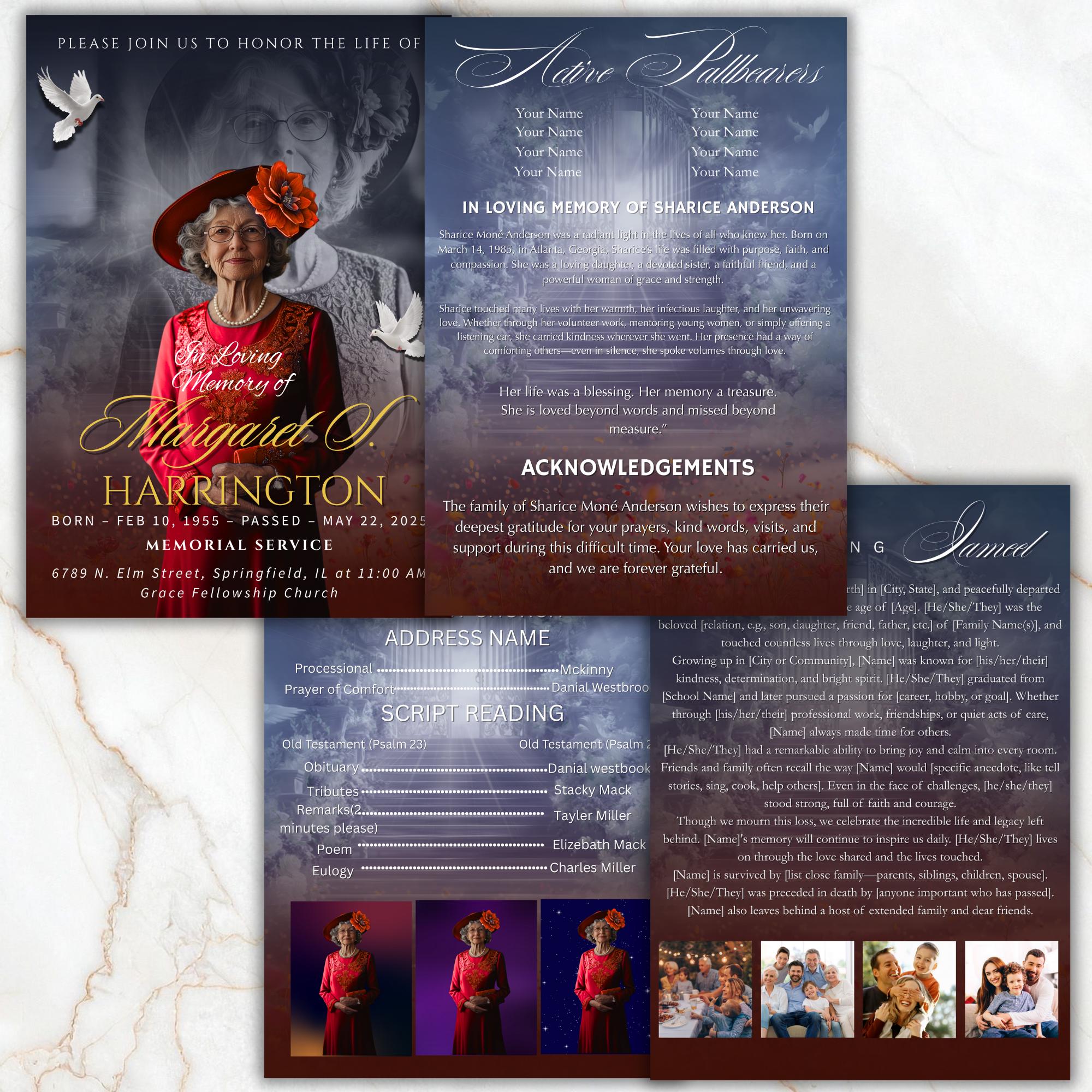 4 Pages Memorial Funeral Announcement Flyer Canva Template, In Loving Memory Template, Funeral Memorial Template, Rest In Piece Template - Editable Memorial Canva Template