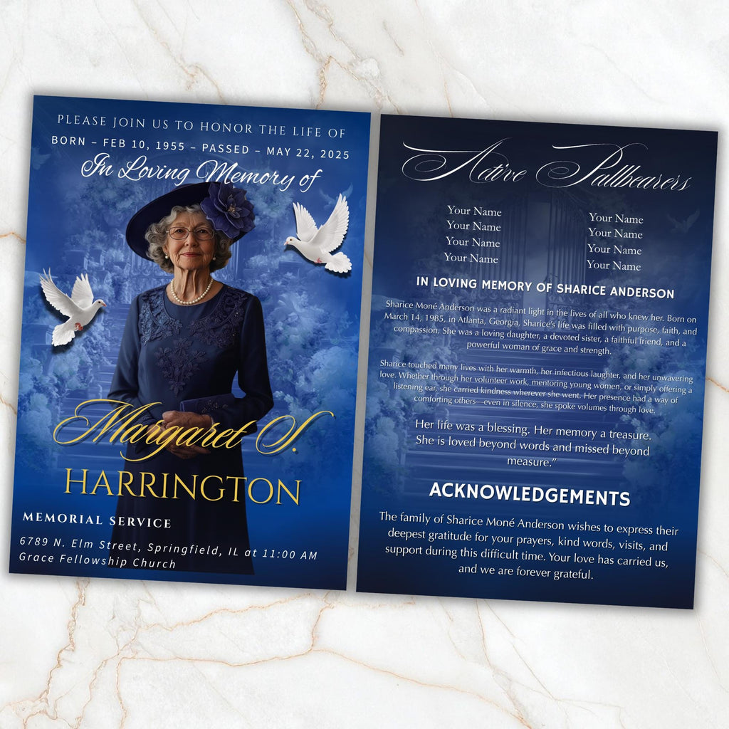 4 Pages Memorial Blue Funeral Announcement Flyer Canva Template, In Loving Memory Template, Funeral Memorial Template,Rest In Piece Template - Editable Memorial Canva Template