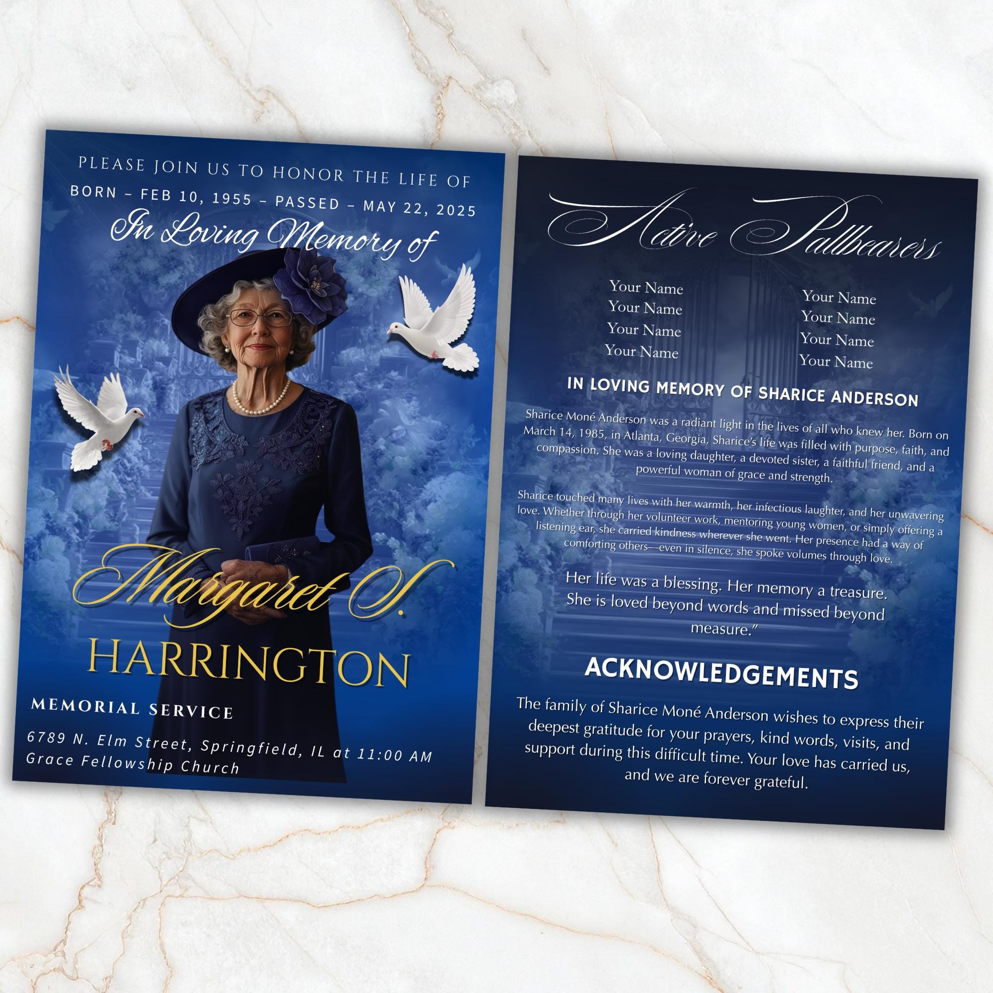 4 Pages Memorial Blue Funeral Announcement Flyer Canva Template, In Loving Memory Template, Funeral Memorial Template,Rest In Piece Template - Editable Memorial Canva Template
