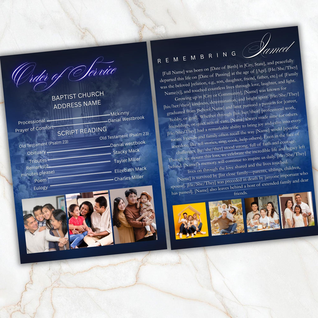4 Pages Memorial Blue Funeral Announcement Flyer Canva Template, In Loving Memory Template, Funeral Memorial Template,Rest In Piece Template - Editable Memorial Canva Template