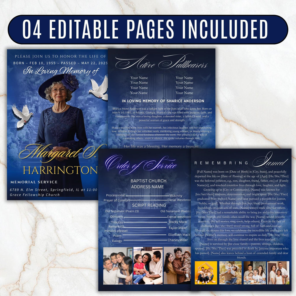 4 Pages Memorial Blue Funeral Announcement Flyer Canva Template, In Loving Memory Template, Funeral Memorial Template,Rest In Piece Template - Editable Memorial Canva Template
