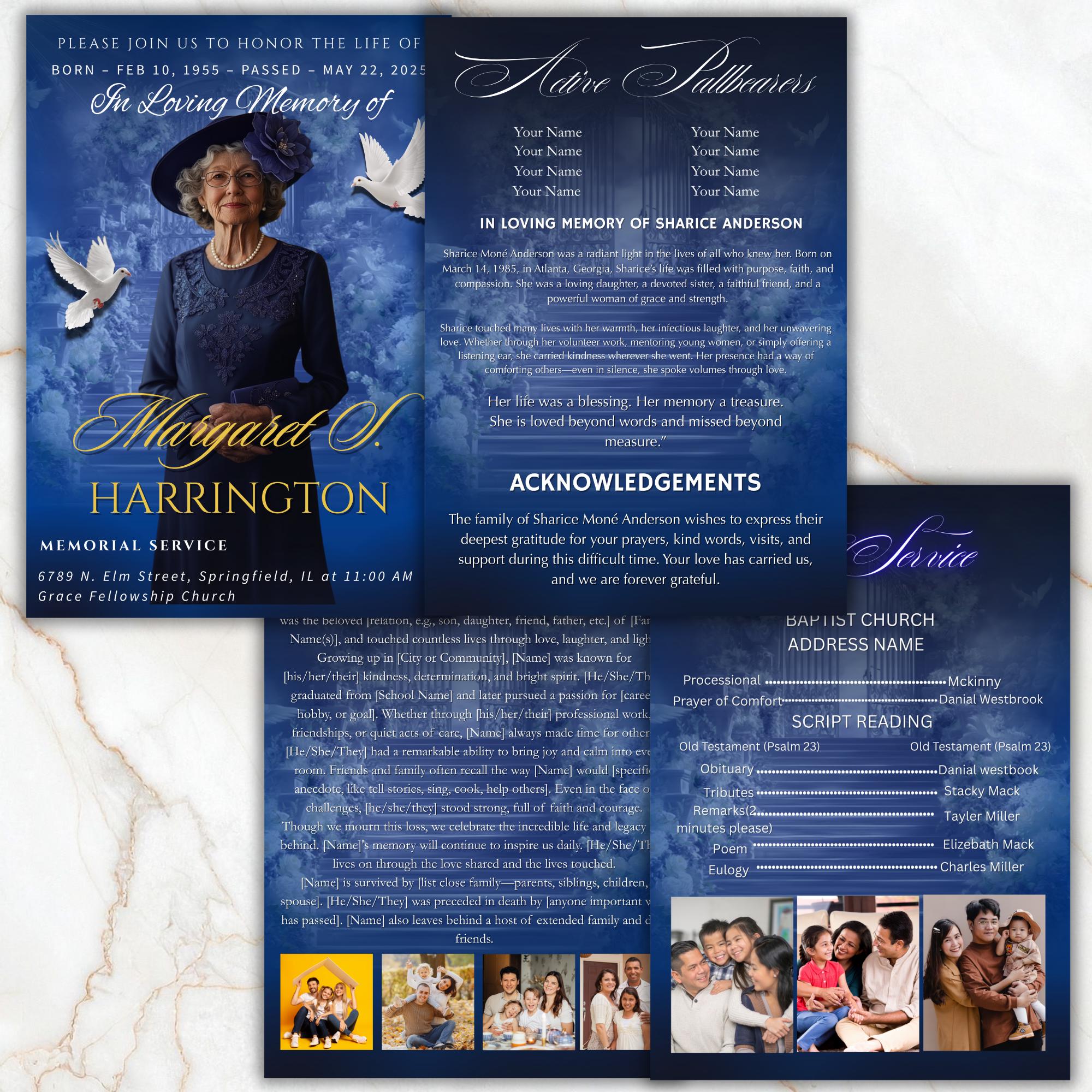 4 Pages Memorial Blue Funeral Announcement Flyer Canva Template, In Loving Memory Template, Funeral Memorial Template,Rest In Piece Template - Editable Memorial Canva Template