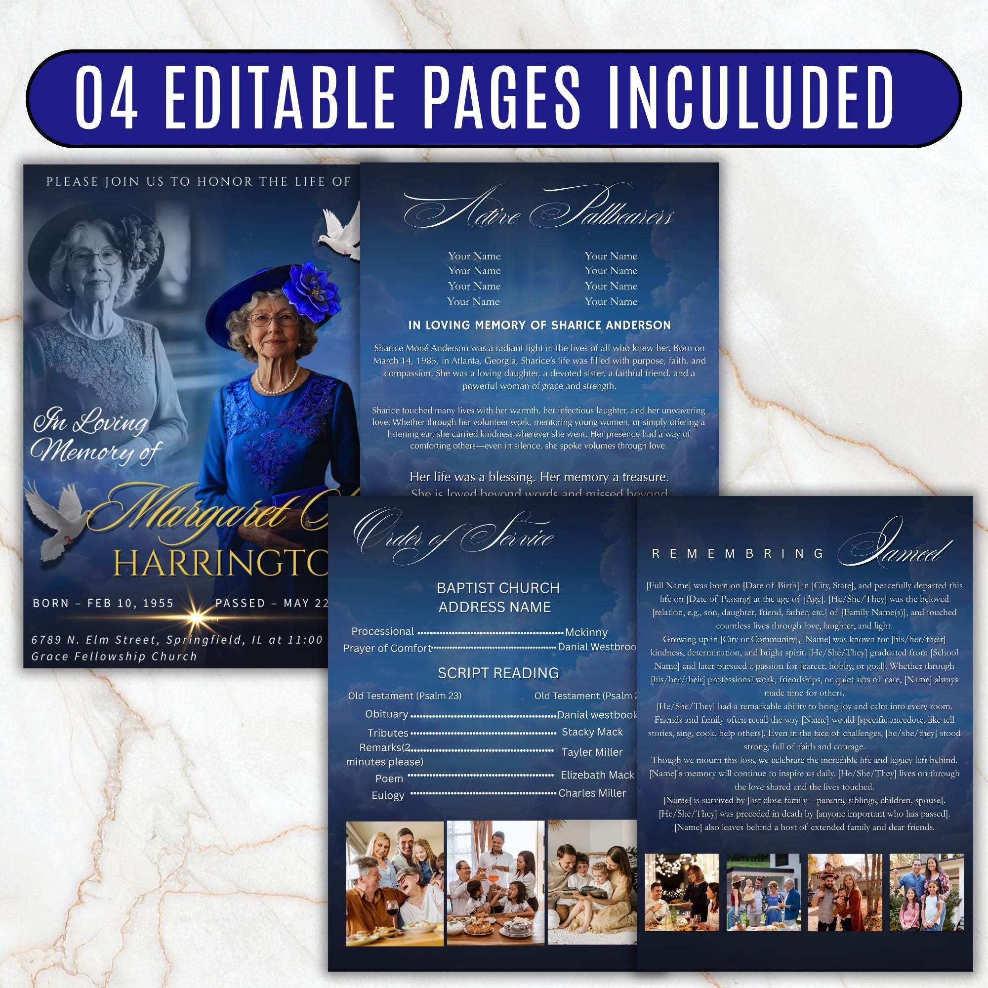 4 Pages Memorial Blue Funeral Announcement Flyer Canva Template, In Loving Memory Template, Funeral Memorial Template,Rest In Piece Template - Editable Memorial Canva Template