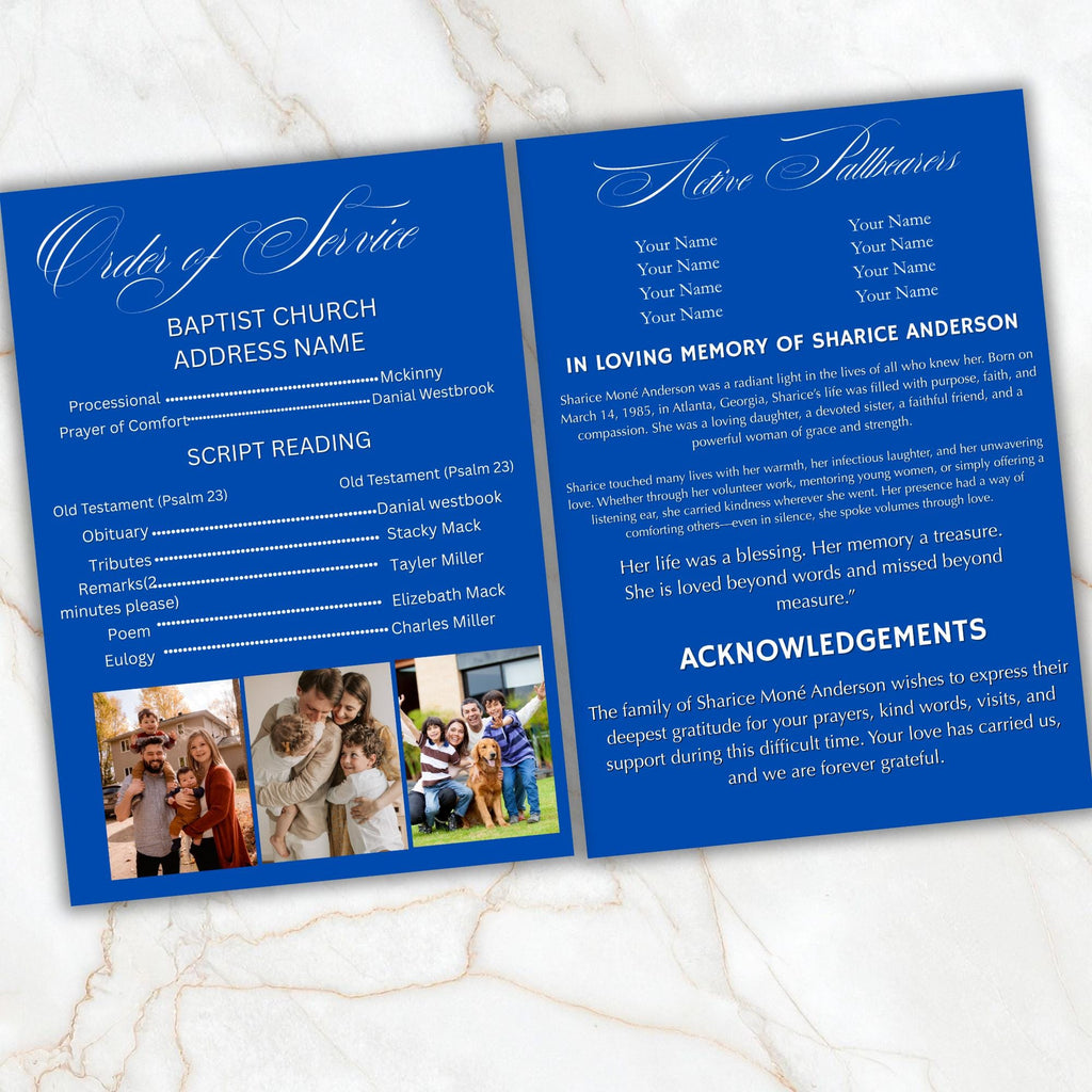 4 Pages Memorial Blue Funeral Announcement Flyer Canva Template, In Loving Memory Template, Funeral Memorial Template,Rest In Piece Template - Editable Memorial Canva Template
