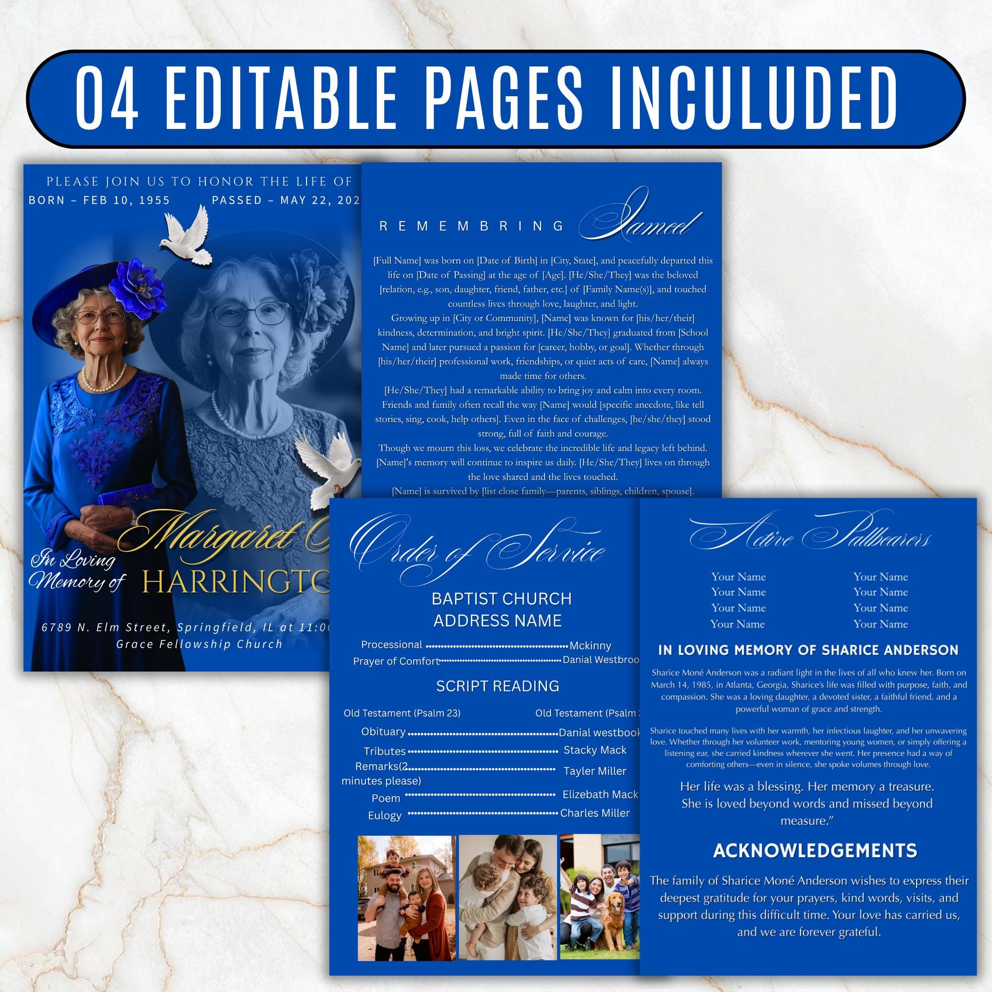4 Pages Memorial Blue Funeral Announcement Flyer Canva Template, In Loving Memory Template, Funeral Memorial Template,Rest In Piece Template - Editable Memorial Canva Template