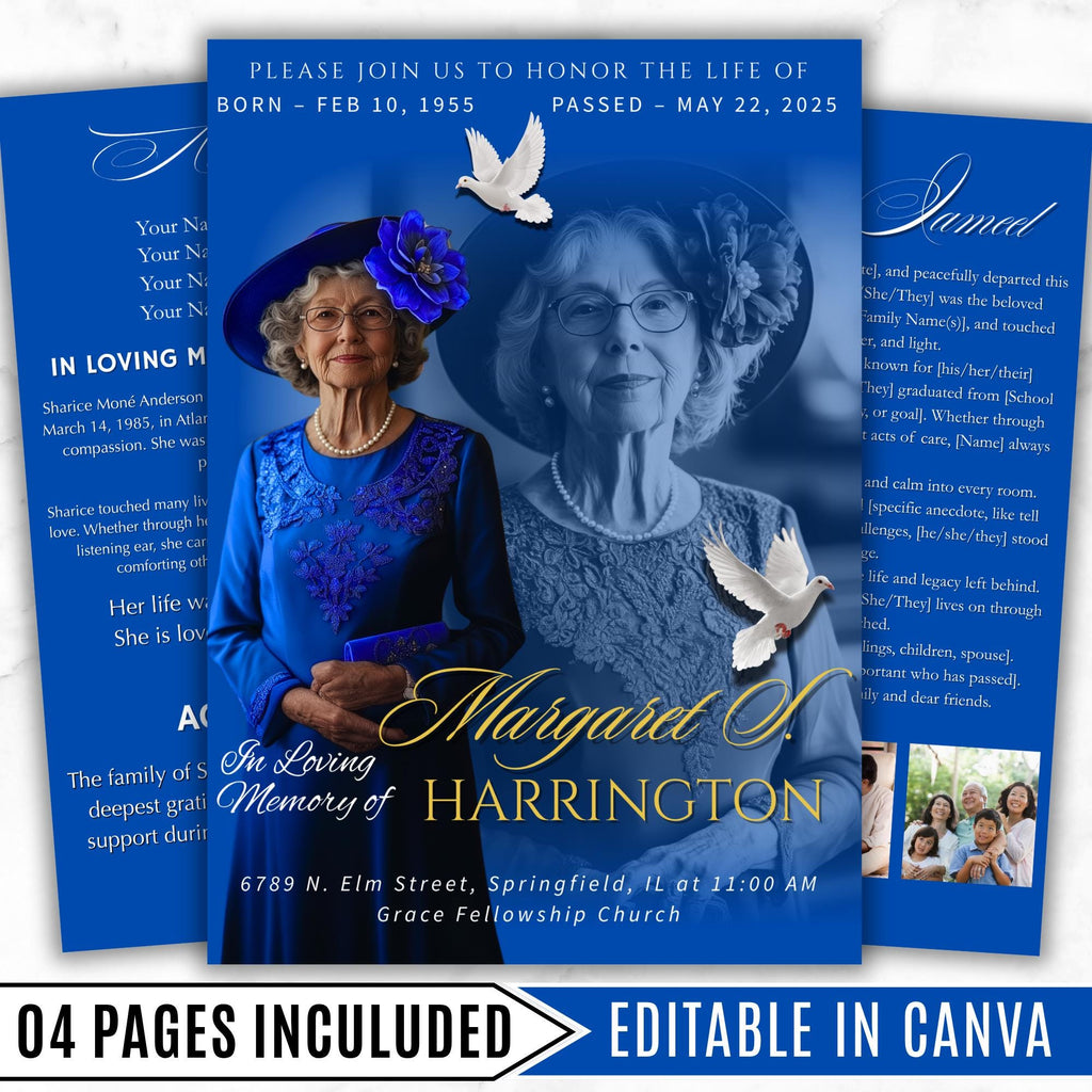 4 Pages Memorial Blue Funeral Announcement Flyer Canva Template, In Loving Memory Template, Funeral Memorial Template,Rest In Piece Template - Editable Memorial Canva Template