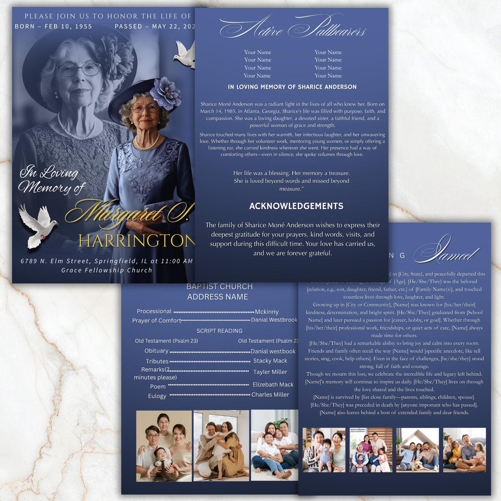 4 Pages In loving memory Funeral Program Template, Memorial Funeral Announcement Flyer , Funeral Memorial Template,Rest In Piece Template - Editable Memorial Canva Template