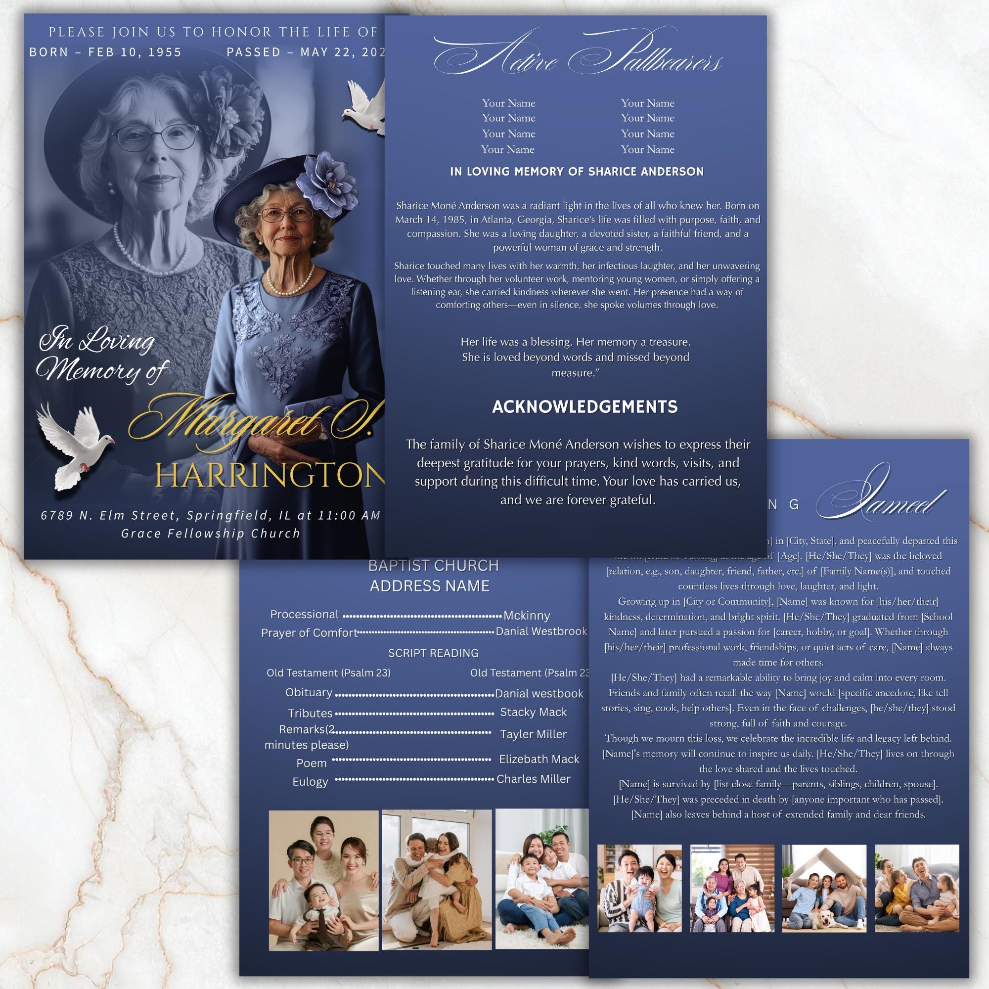 4 Pages In loving memory Funeral Program Template, Memorial Funeral Announcement Flyer , Funeral Memorial Template,Rest In Piece Template - Editable Memorial Canva Template