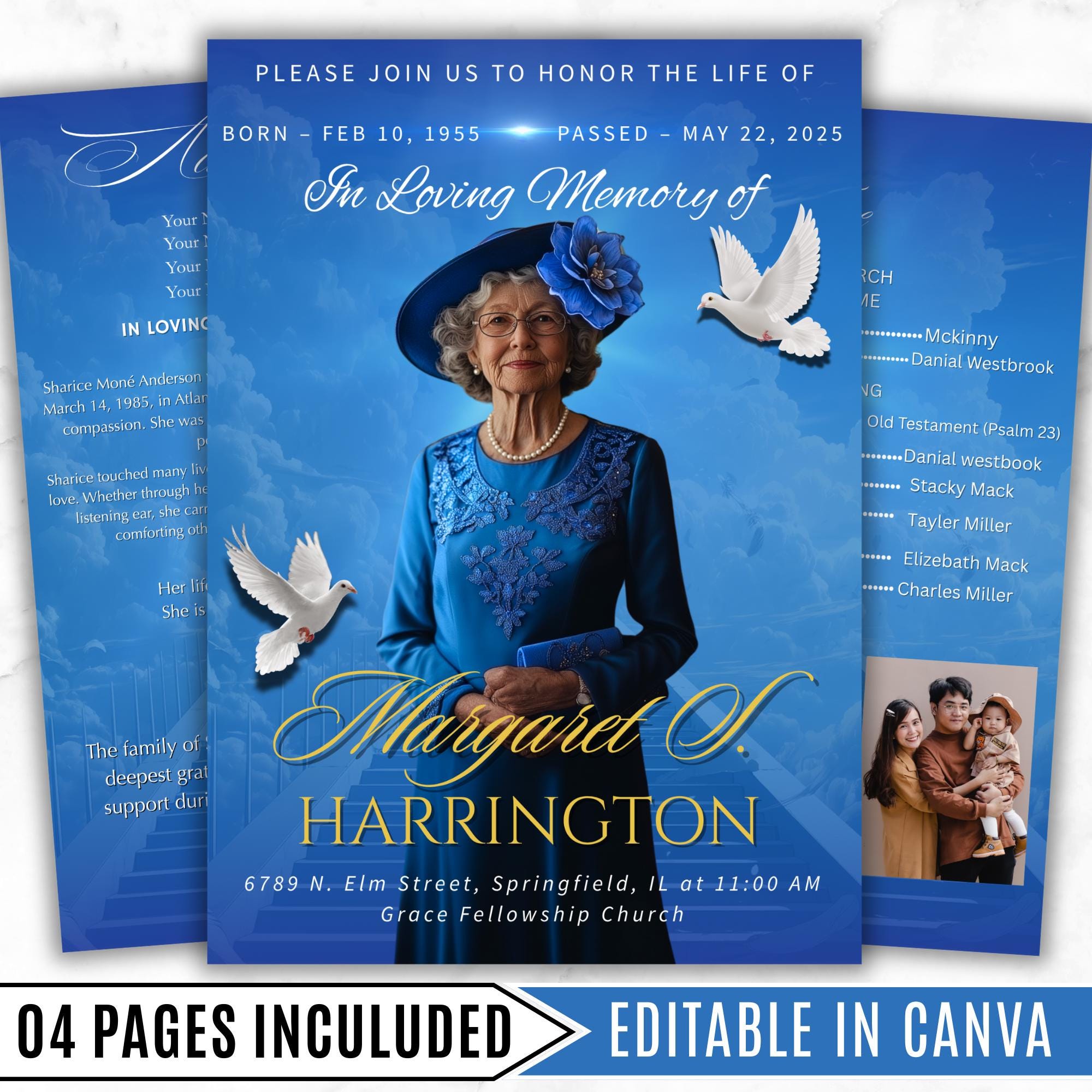 4 Pages In loving Memory Funeral Program Template, Memorial Funeral Announcement Flyer , Funeral Memorial Template,Rest In Piece Template - Editable Memorial Canva Template