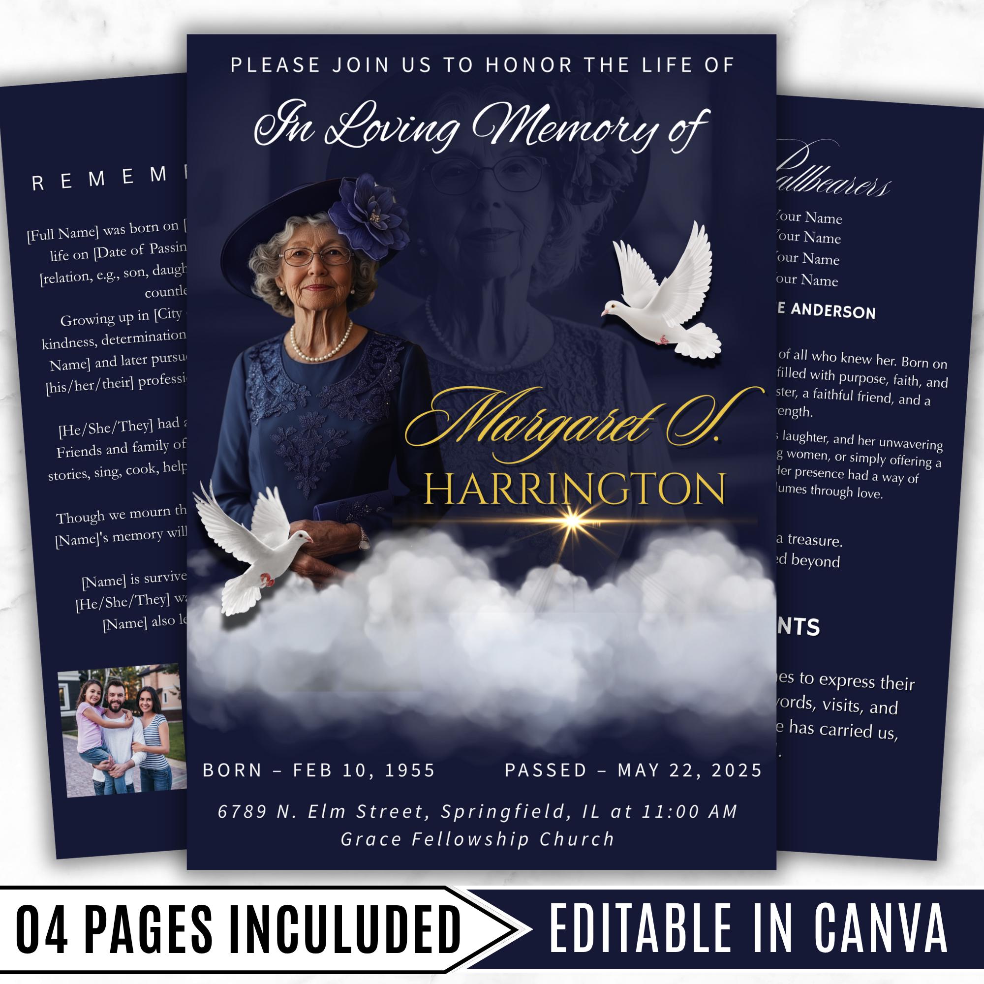 4 Pages In loving Memory Funeral Program Template, Memorial Funeral Announcement Flyer , Funeral Memorial Template,Rest In Piece Template - Editable Memorial Canva Template