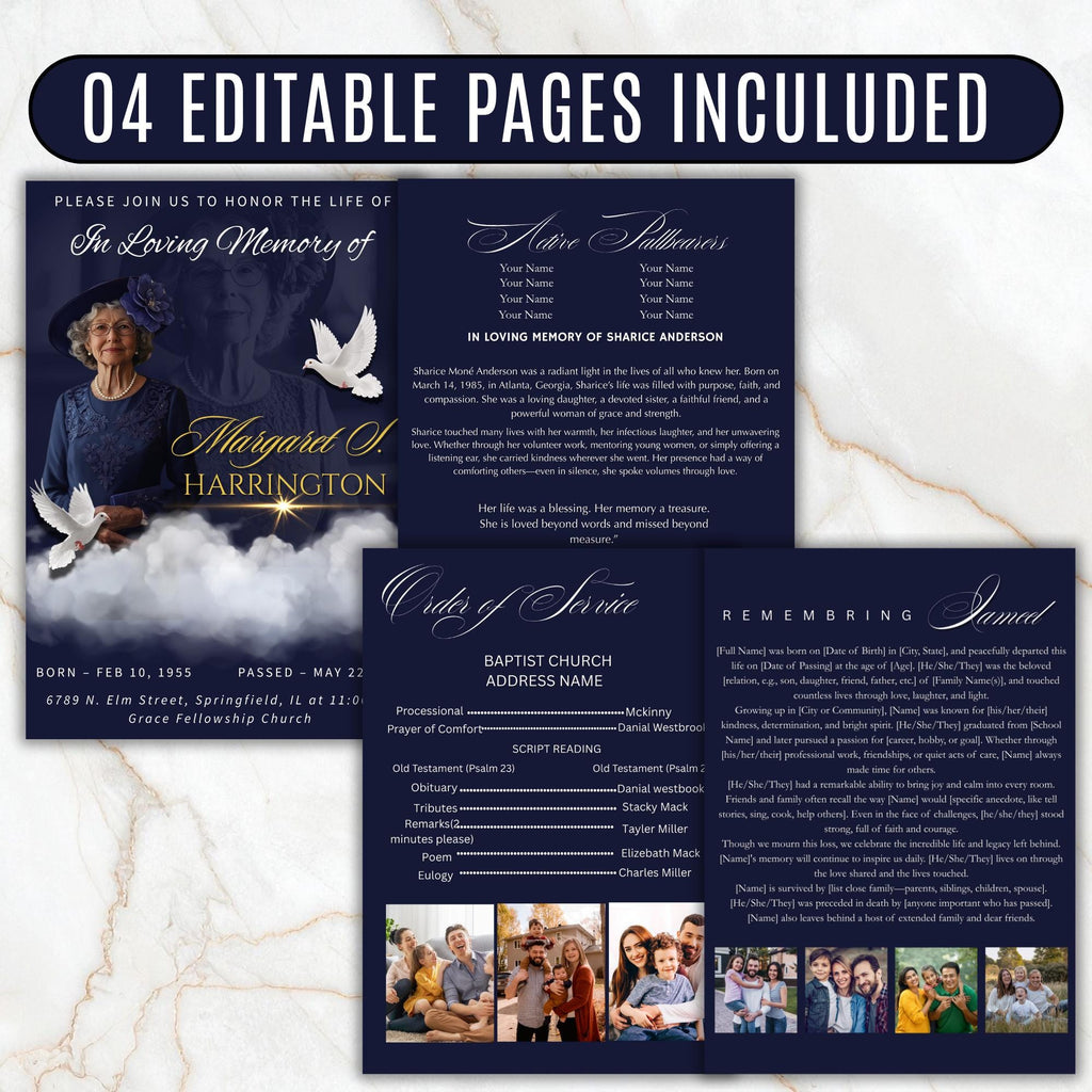 4 Pages In loving Memory Funeral Program Template, Memorial Funeral Announcement Flyer , Funeral Memorial Template,Rest In Piece Template - Editable Memorial Canva Template