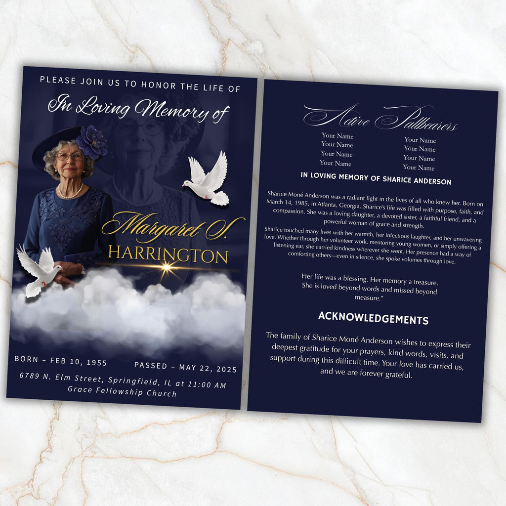 4 Pages In loving Memory Funeral Program Template, Memorial Funeral Announcement Flyer , Funeral Memorial Template,Rest In Piece Template - Editable Memorial Canva Template