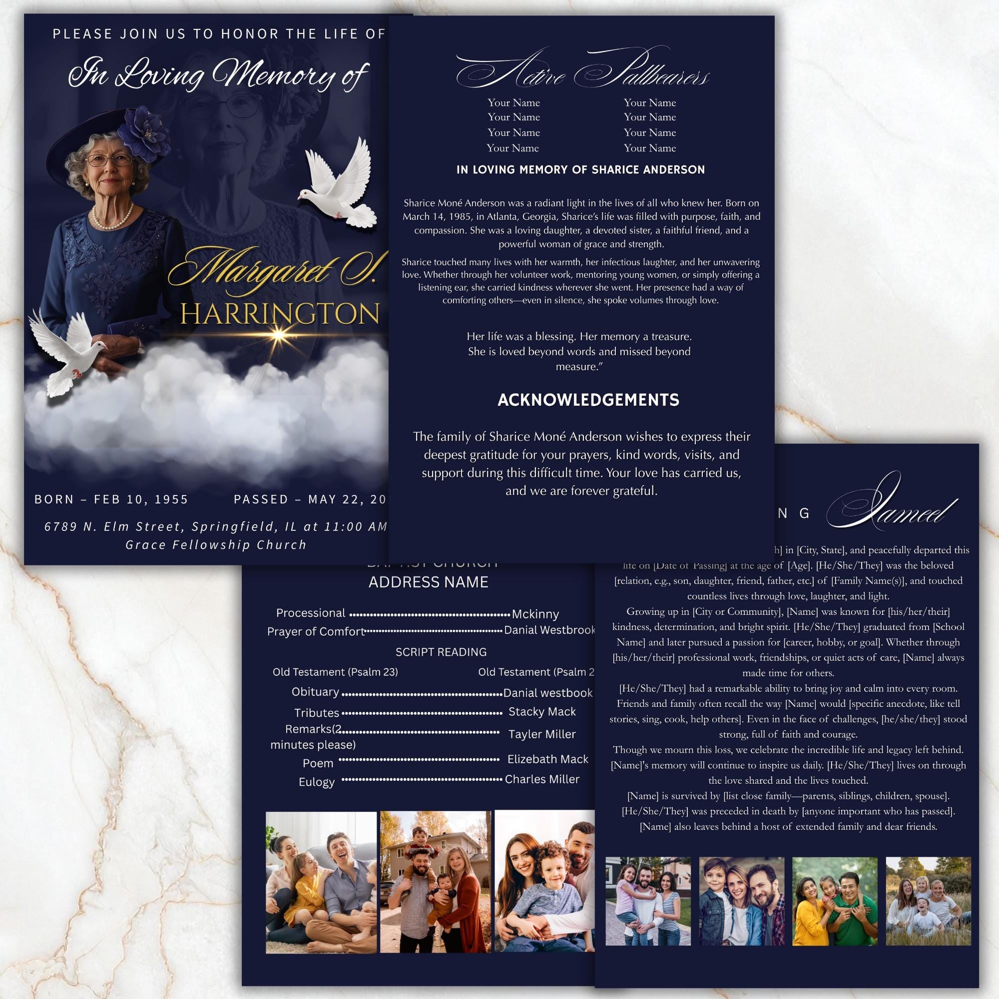 4 Pages In loving Memory Funeral Program Template, Memorial Funeral Announcement Flyer , Funeral Memorial Template,Rest In Piece Template - Editable Memorial Canva Template