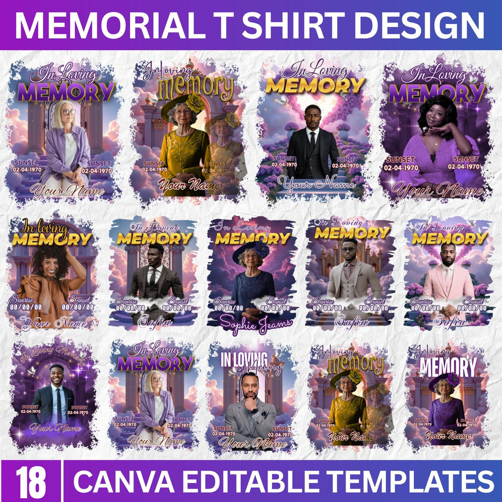 18 Memorial Purple T Shirt Canva Editable Templates, In Loving Memory Canva Template, Memorial Canva Template, Funeral & Celebration of Life - Editable Memorial Canva Template