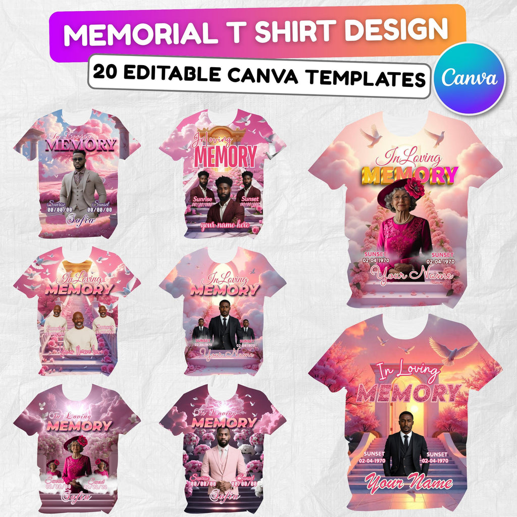 20 In Loving Memory Pink Canva Editable All Over T Shirt Templates, In Loving Memory Template, Rest in Peace, Memorial Editable Shirt Design - Editable Memorial Canva Template